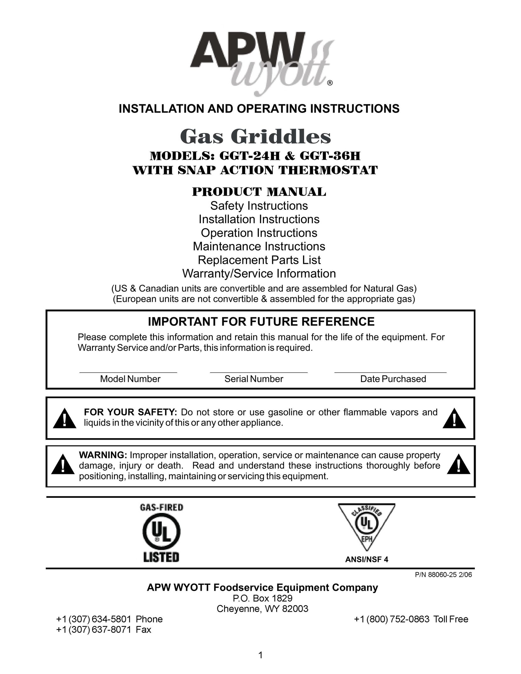 APW Wyott GGT-24H Griddle User Manual