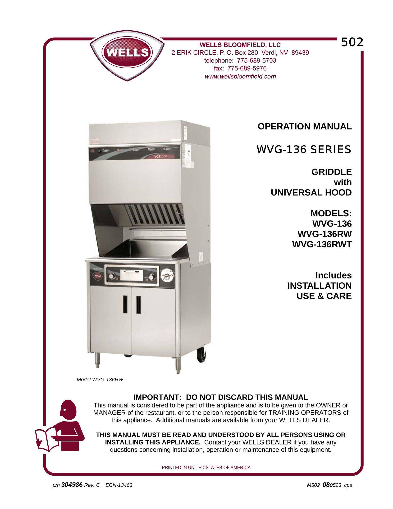 Bloomfield WVG-136RWT Griddle User Manual