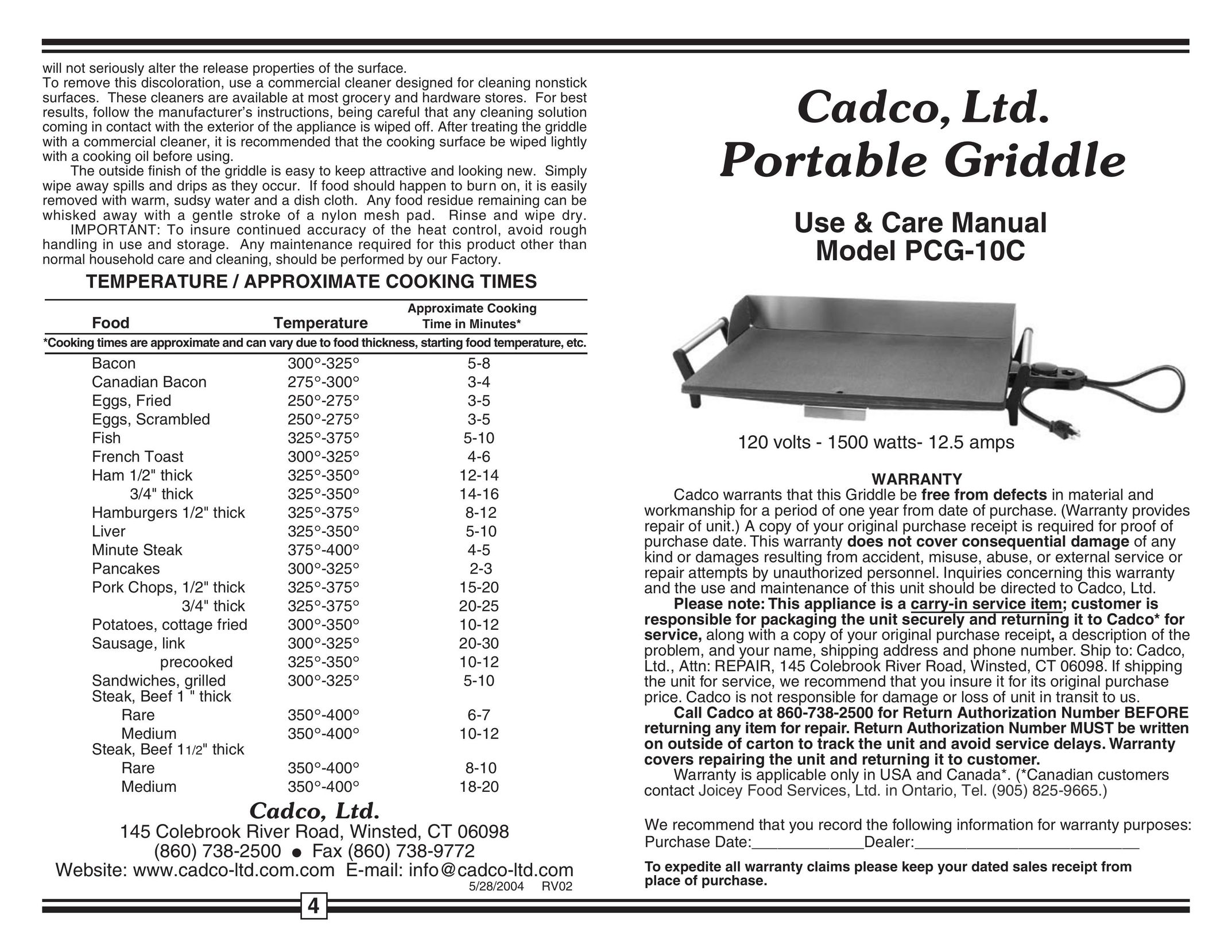 Cadco PCG-10C Griddle User Manual
