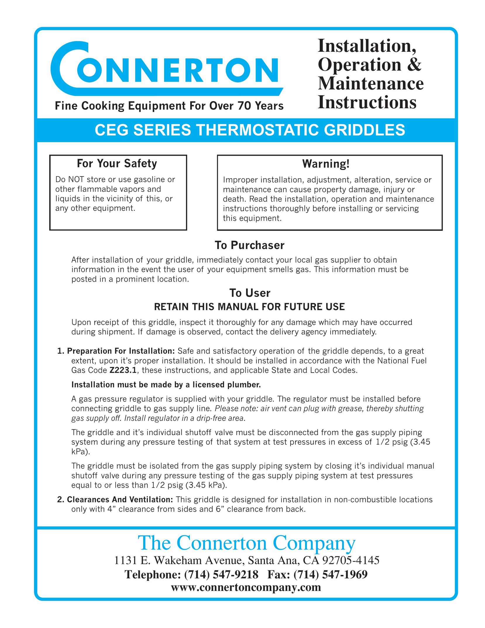 Connerton Co CEG SERIES Griddle User Manual