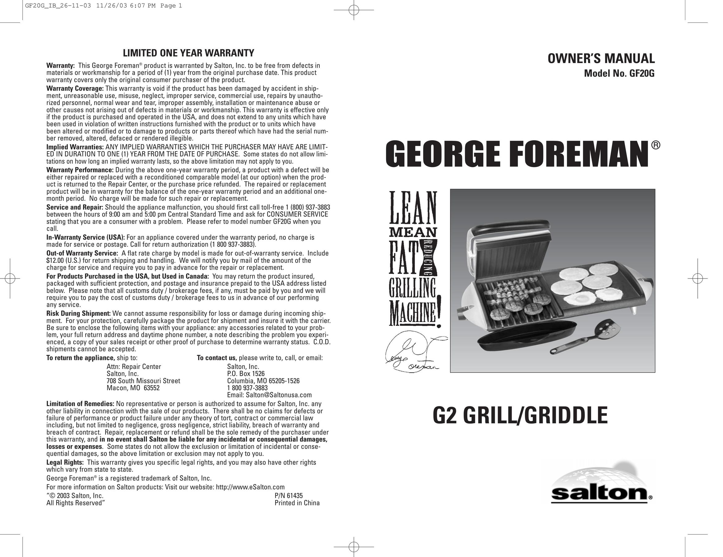George Foreman GF20G Griddle User Manual