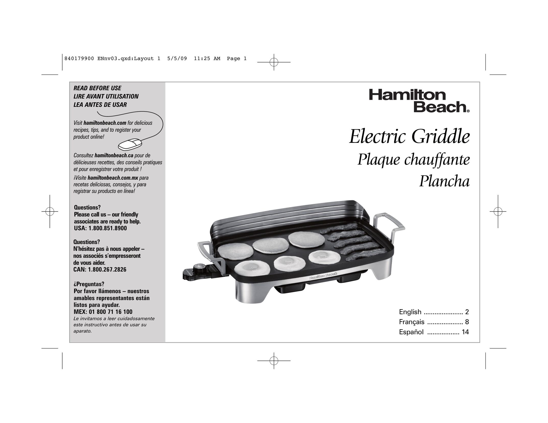 Hamilton Beach 38541 Griddle User Manual