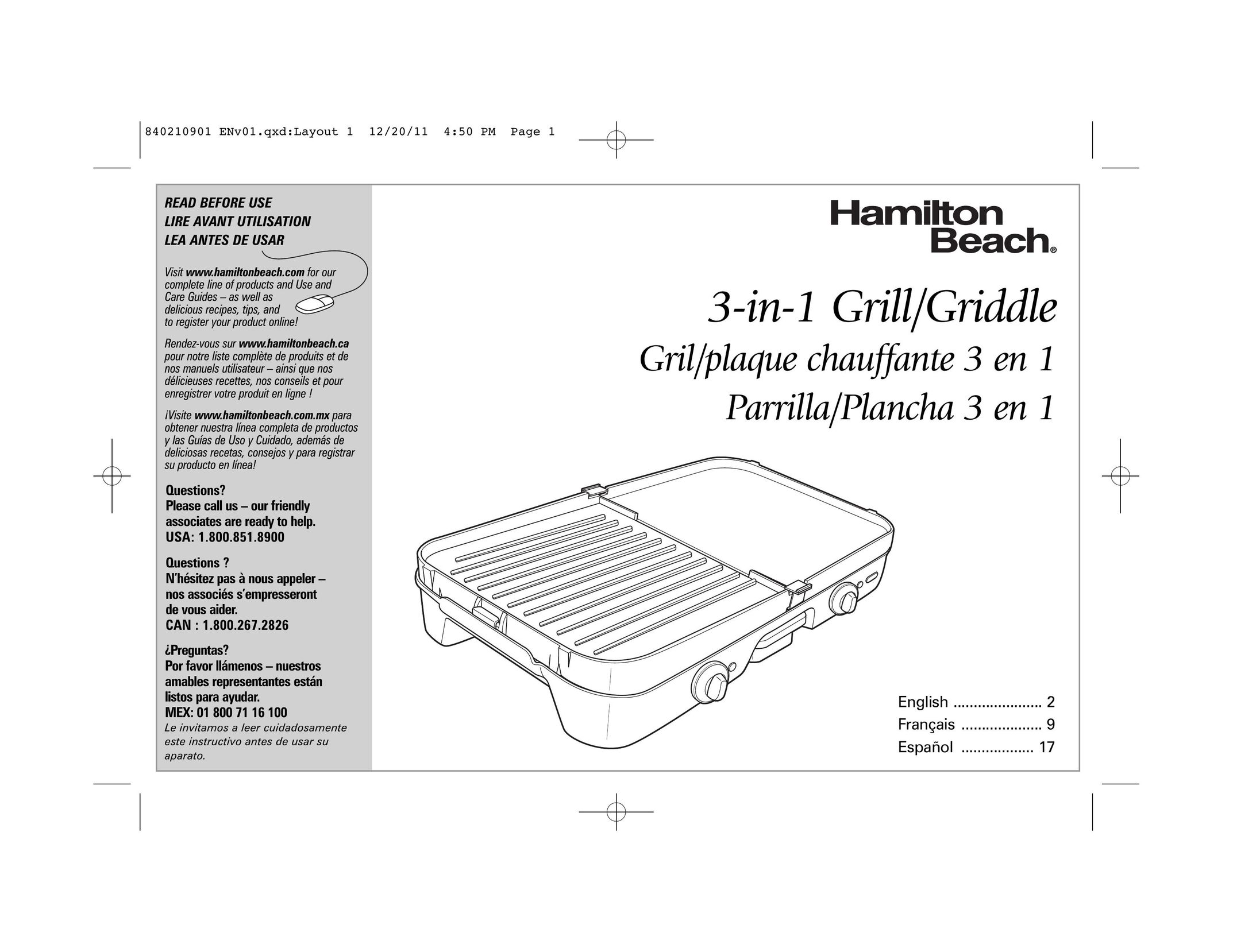 Hamilton Beach 38546 Griddle User Manual