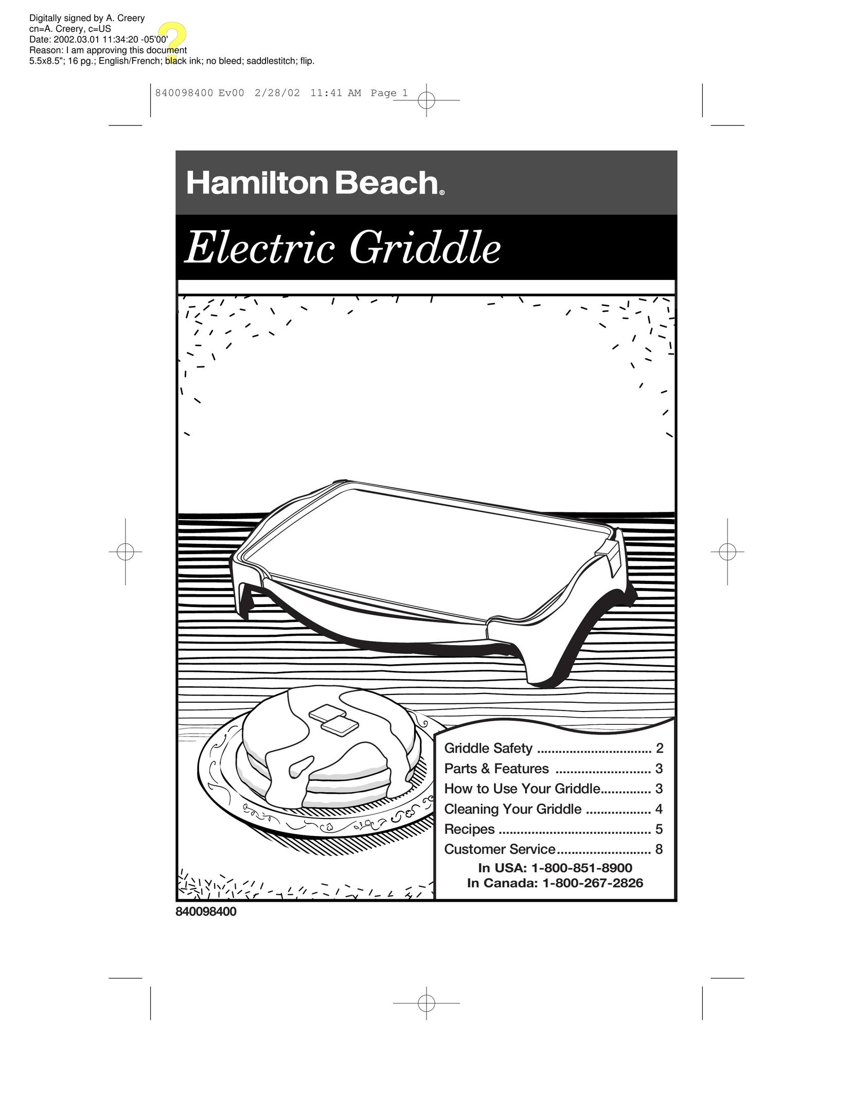 Hamilton Beach Electric Griddle Griddle User Manual