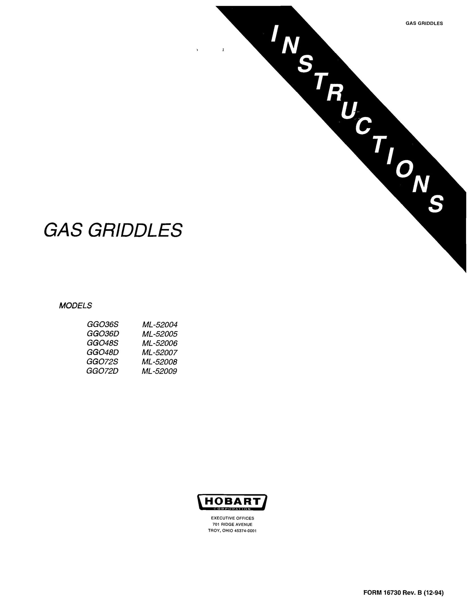 Hobart GG048S Griddle User Manual