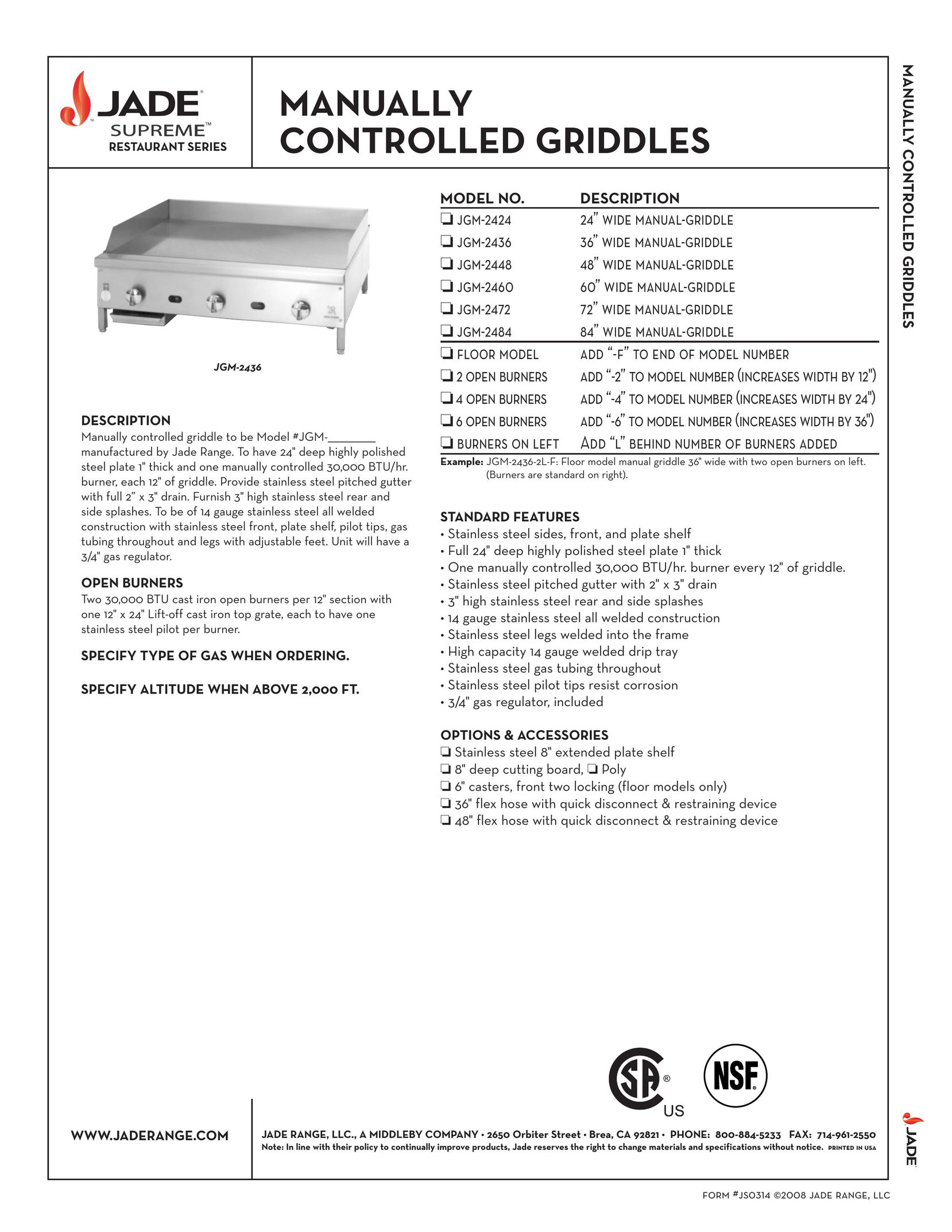 Jade Range JGM-2424 Griddle User Manual