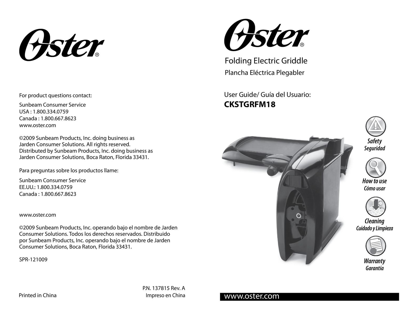 Oster CKSTGRFM18 Griddle User Manual