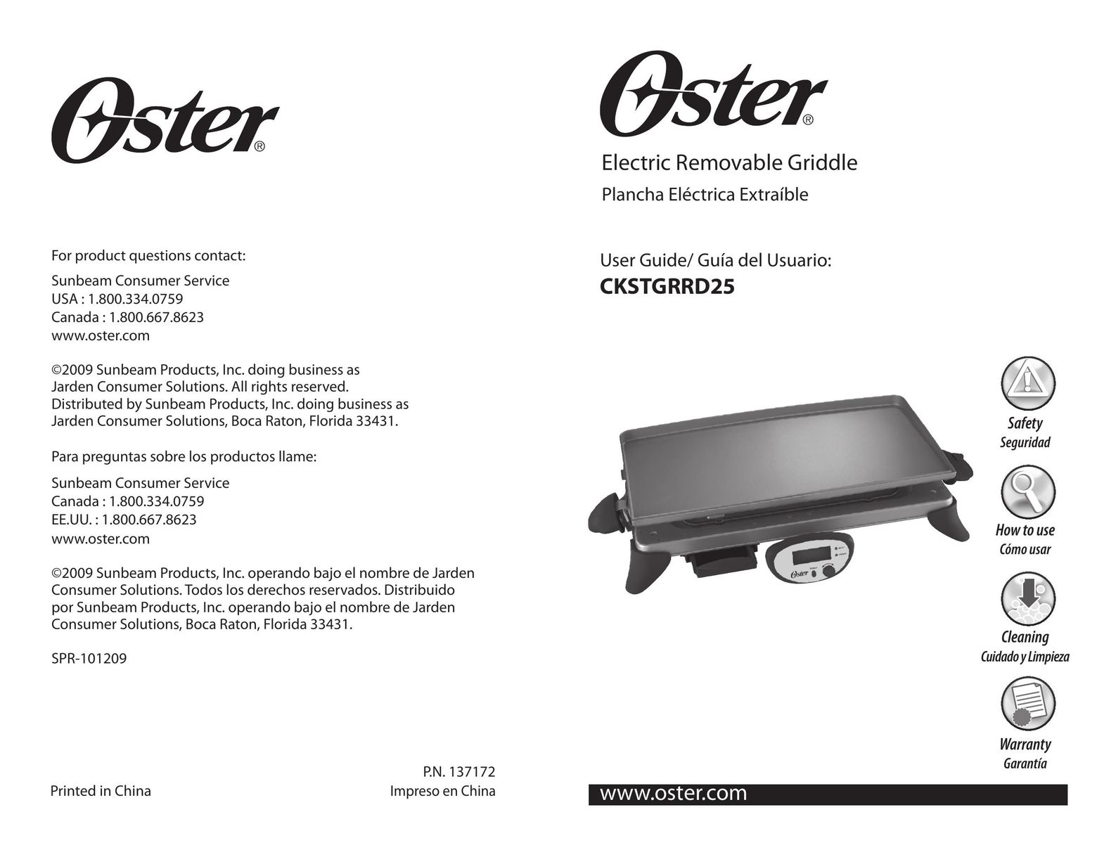 Oster Electric Removable Griddle Griddle User Manual