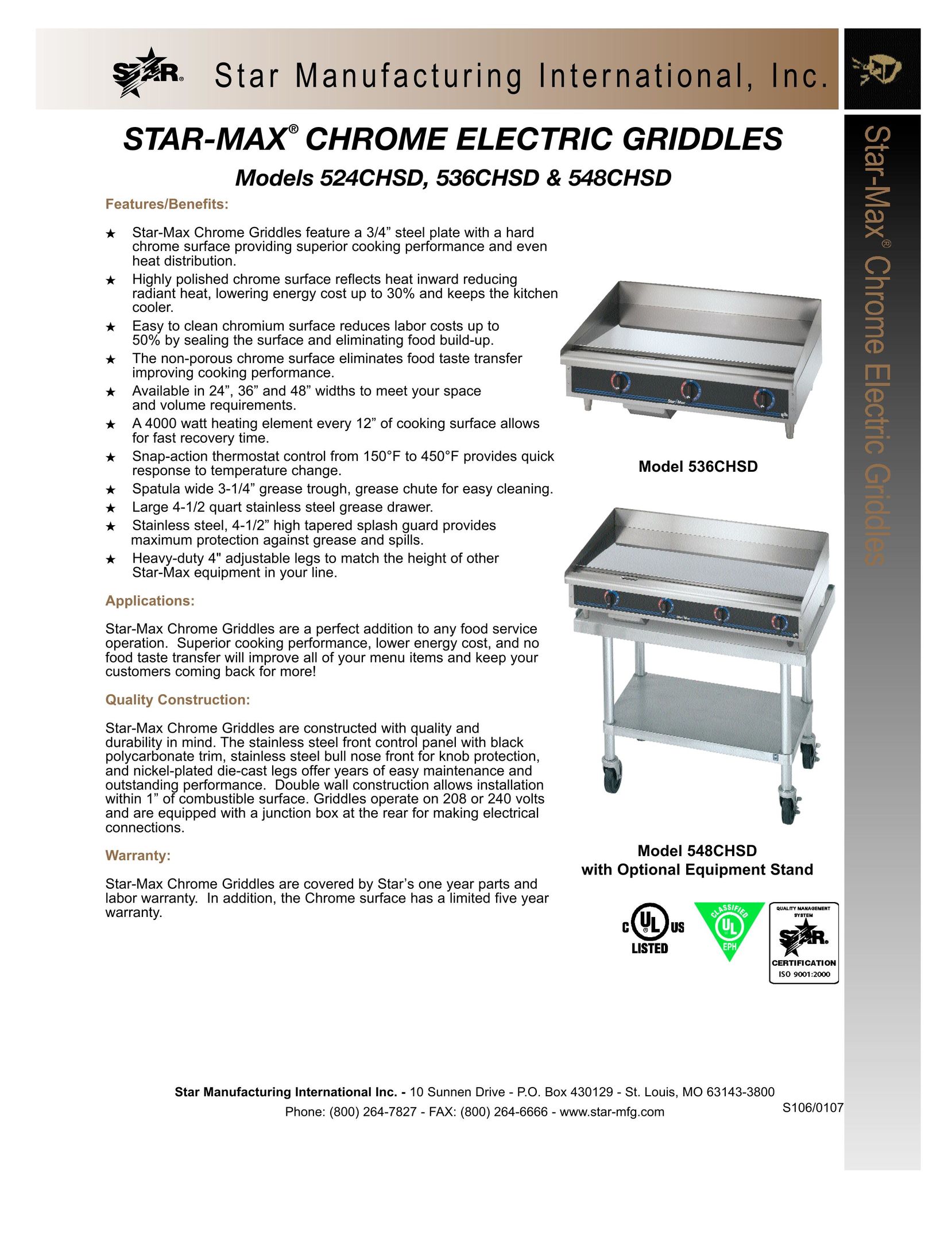 Star Manufacturing 548CHSD Griddle User Manual