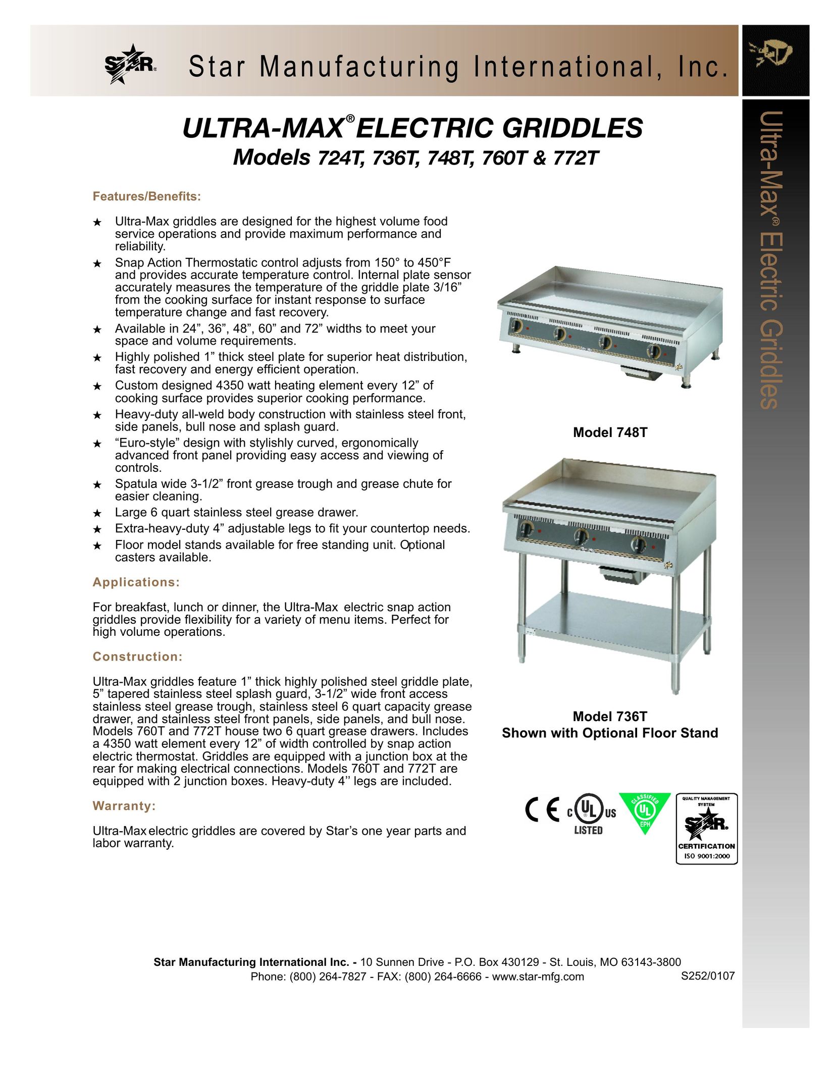 Star Manufacturing 736T Griddle User Manual