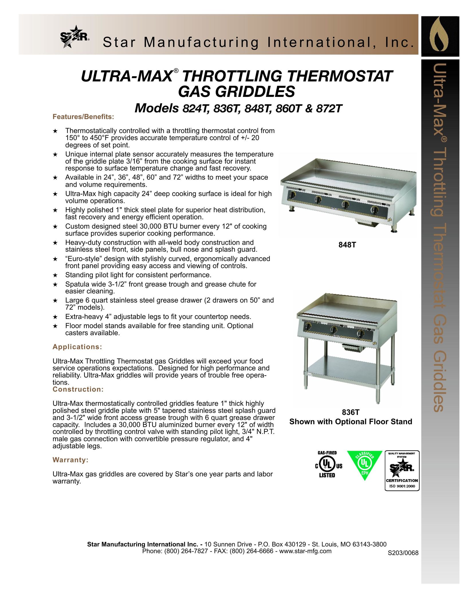 Star Manufacturing 824T Griddle User Manual