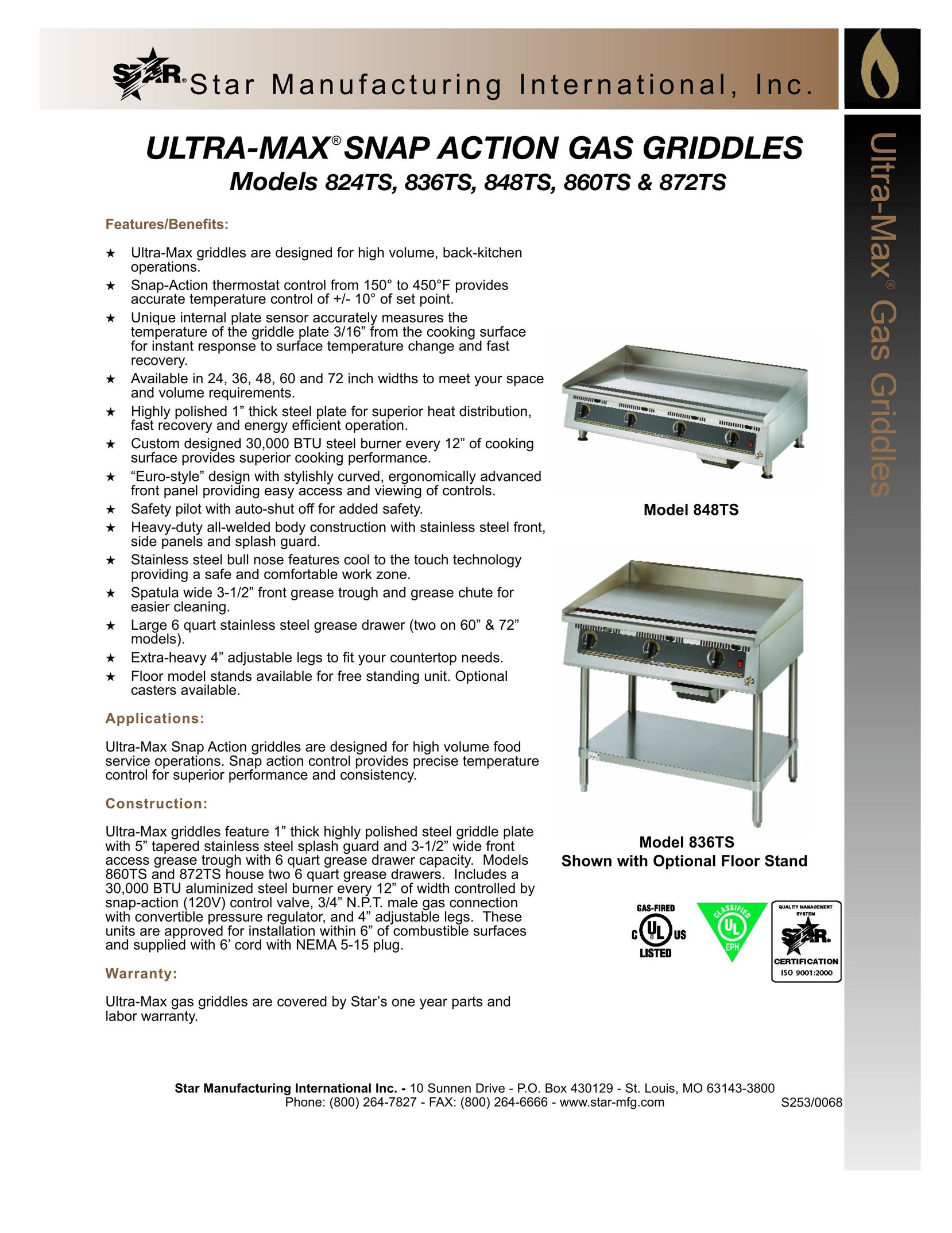Star Manufacturing 836TS Griddle User Manual
