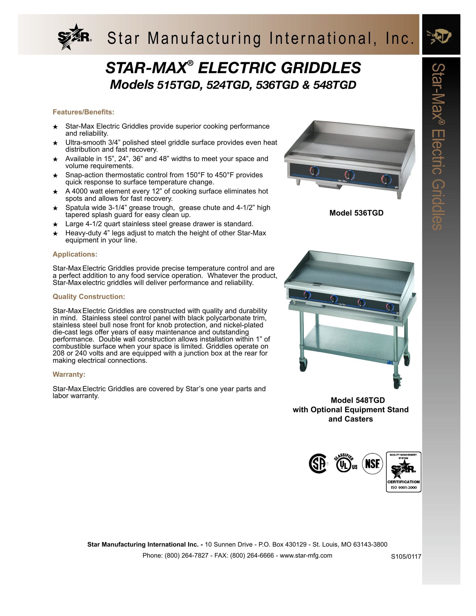Star Manufacturing S105TGD Griddle User Manual