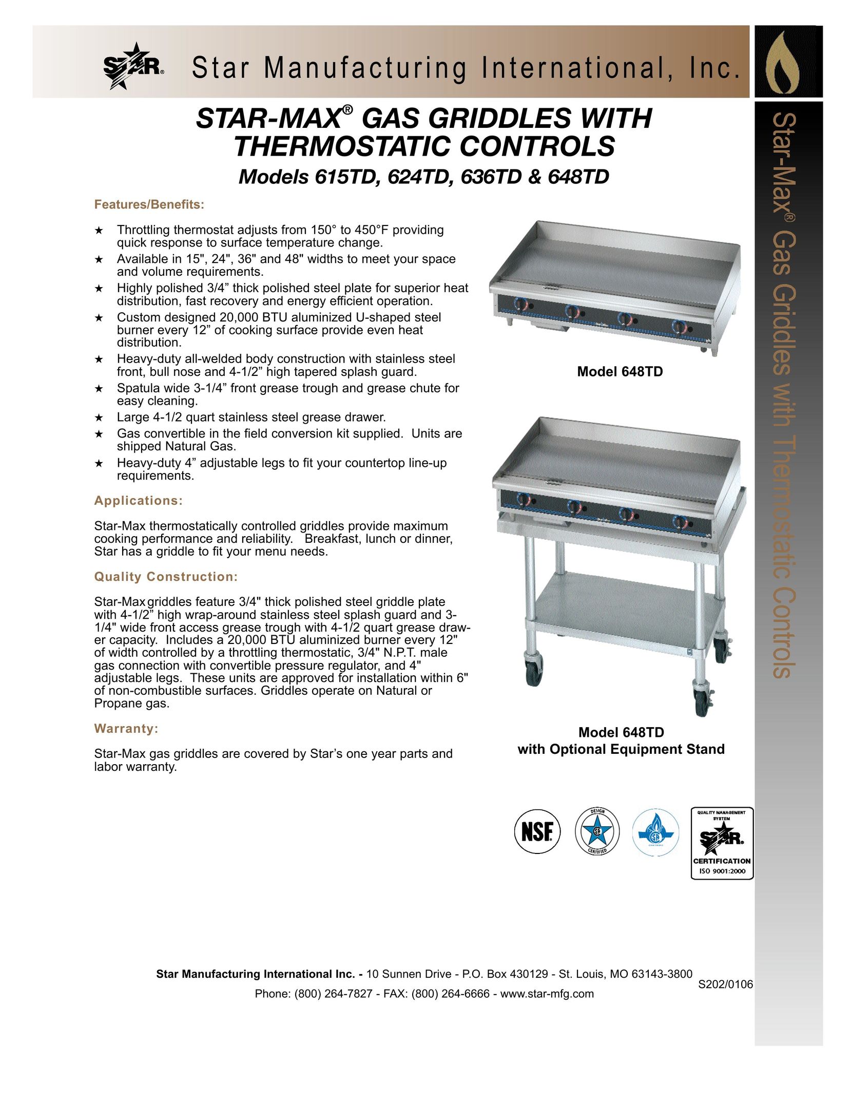 Star Manufacturing S202 Griddle User Manual