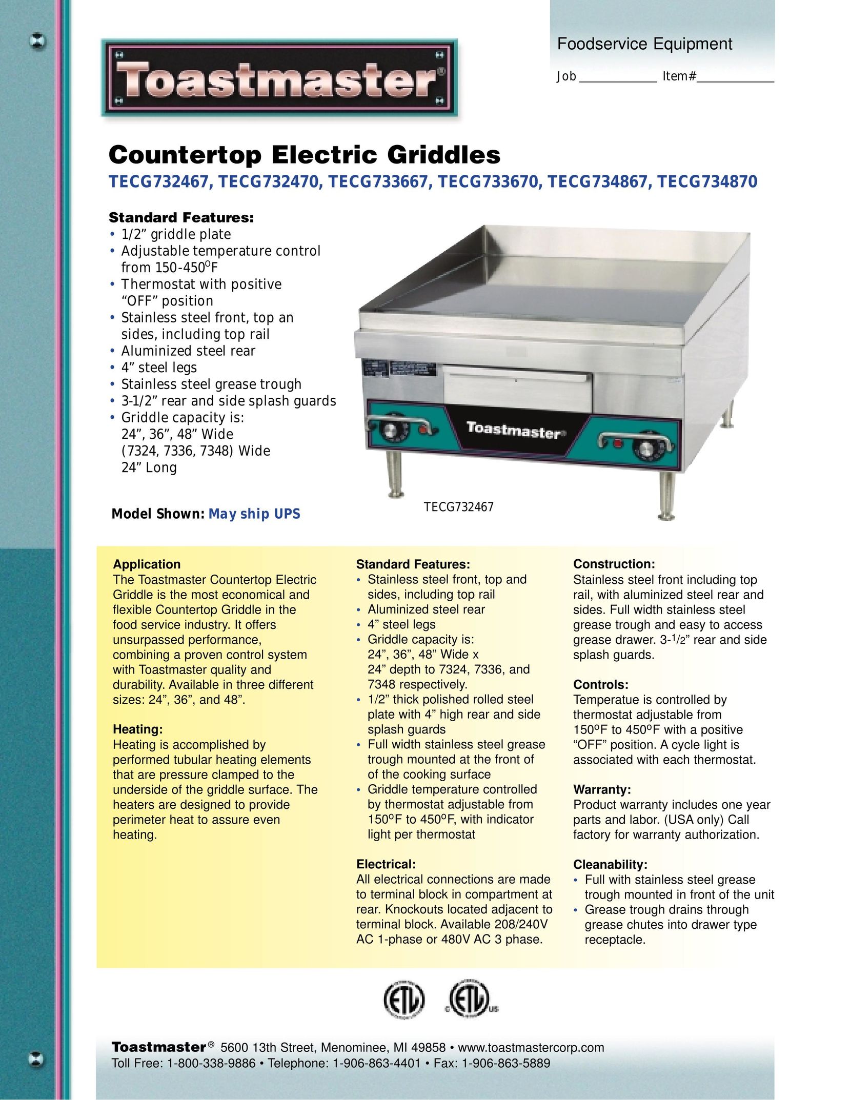 Toastmaster TECG733670 Griddle User Manual