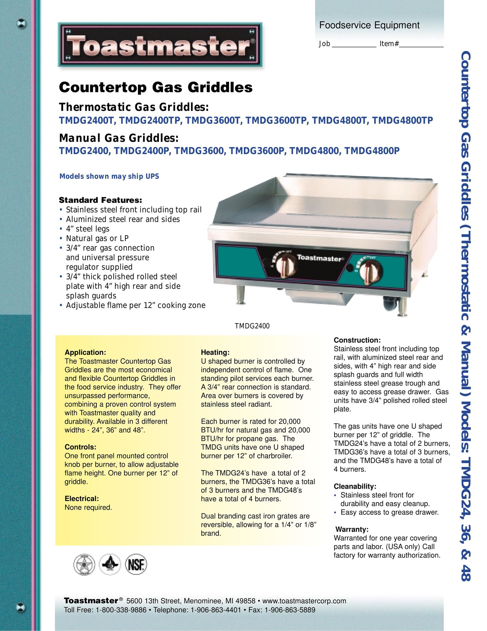 Toastmaster TMDG4800 Griddle User Manual