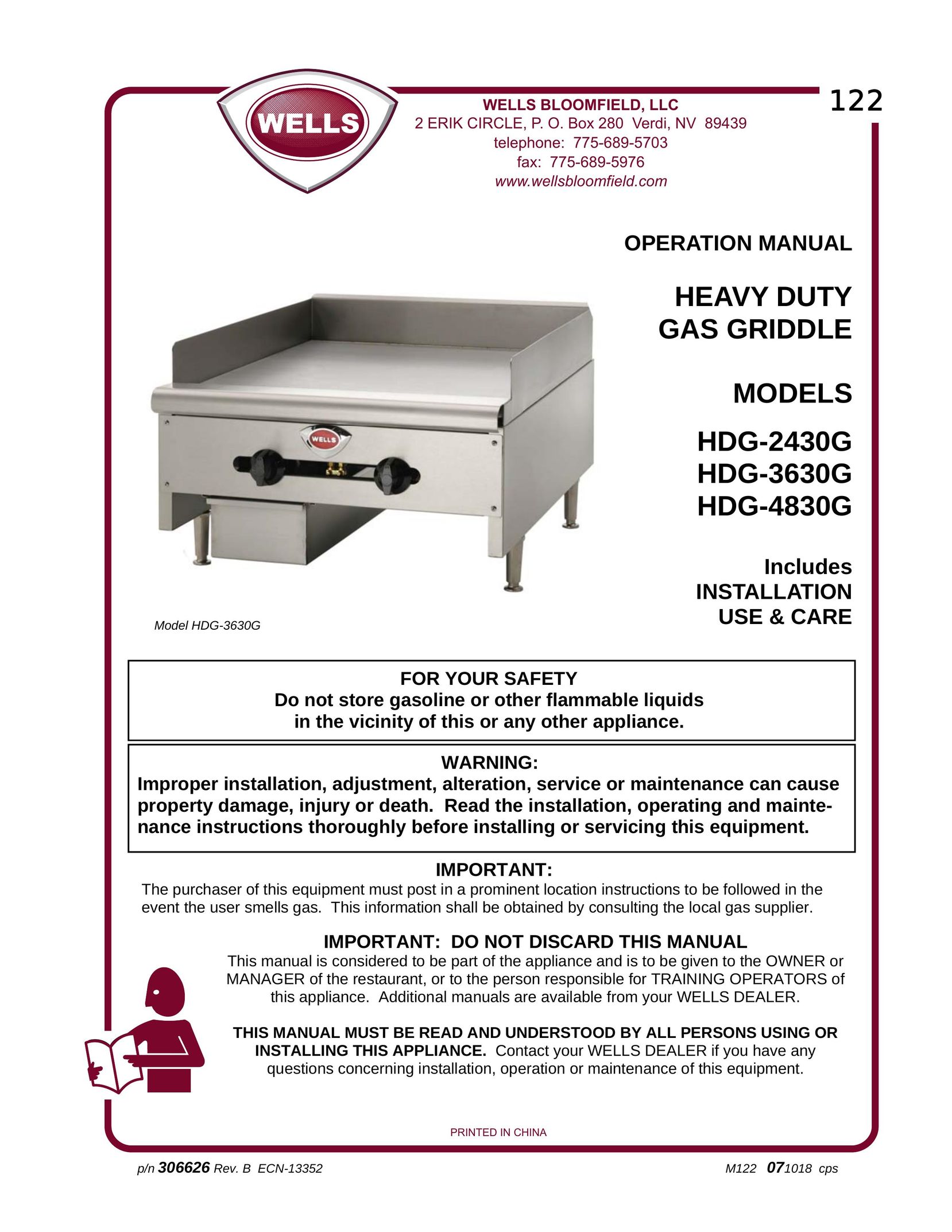 Wells HDG-2430G Griddle User Manual
