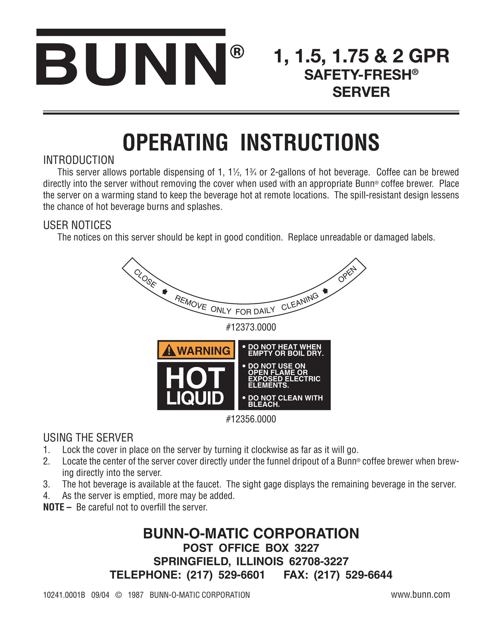 Bunn 2 GPR Hot Beverage Maker User Manual