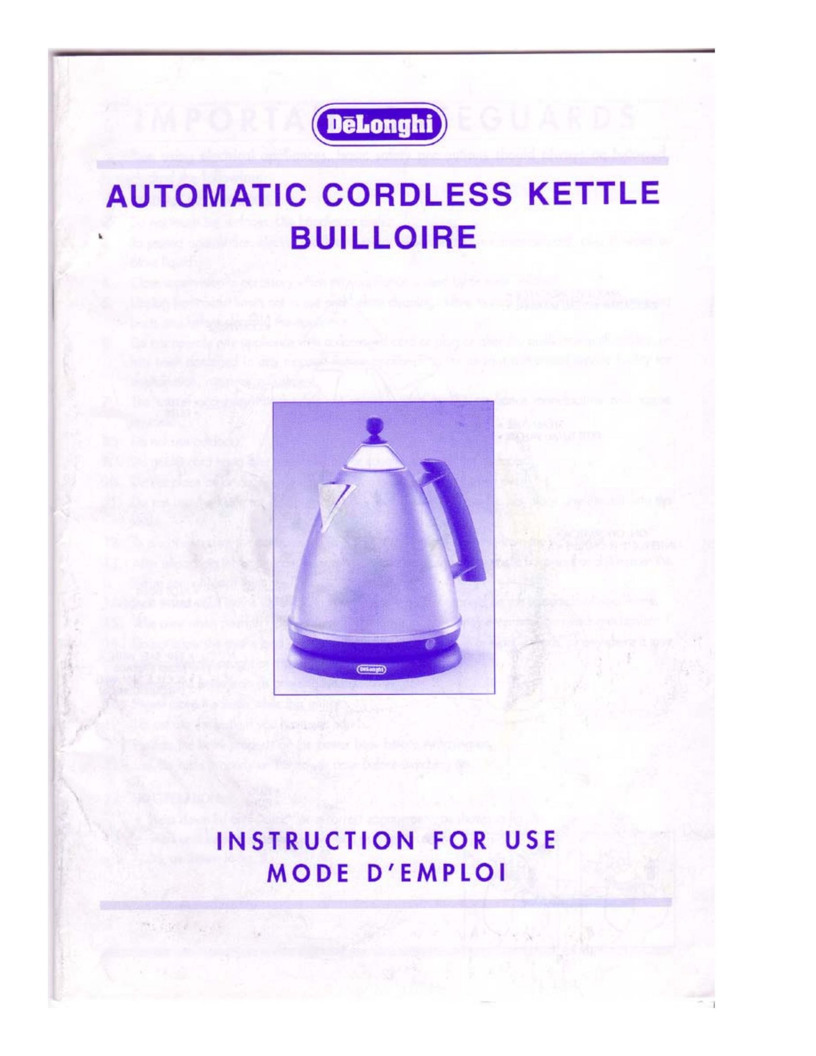 DeLonghi Cordless Kettle Builloire Hot Beverage Maker User Manual