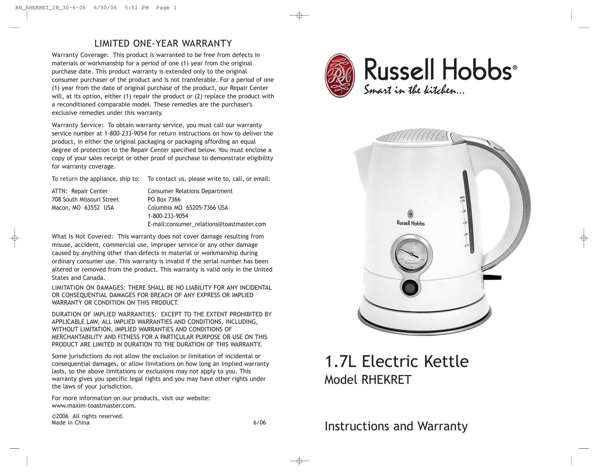 Toastmaster RHEKRET Hot Beverage Maker User Manual