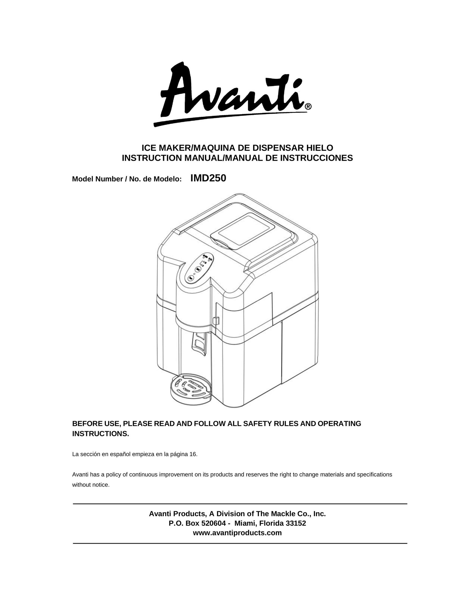 Avanti IMD250 Ice Maker User Manual