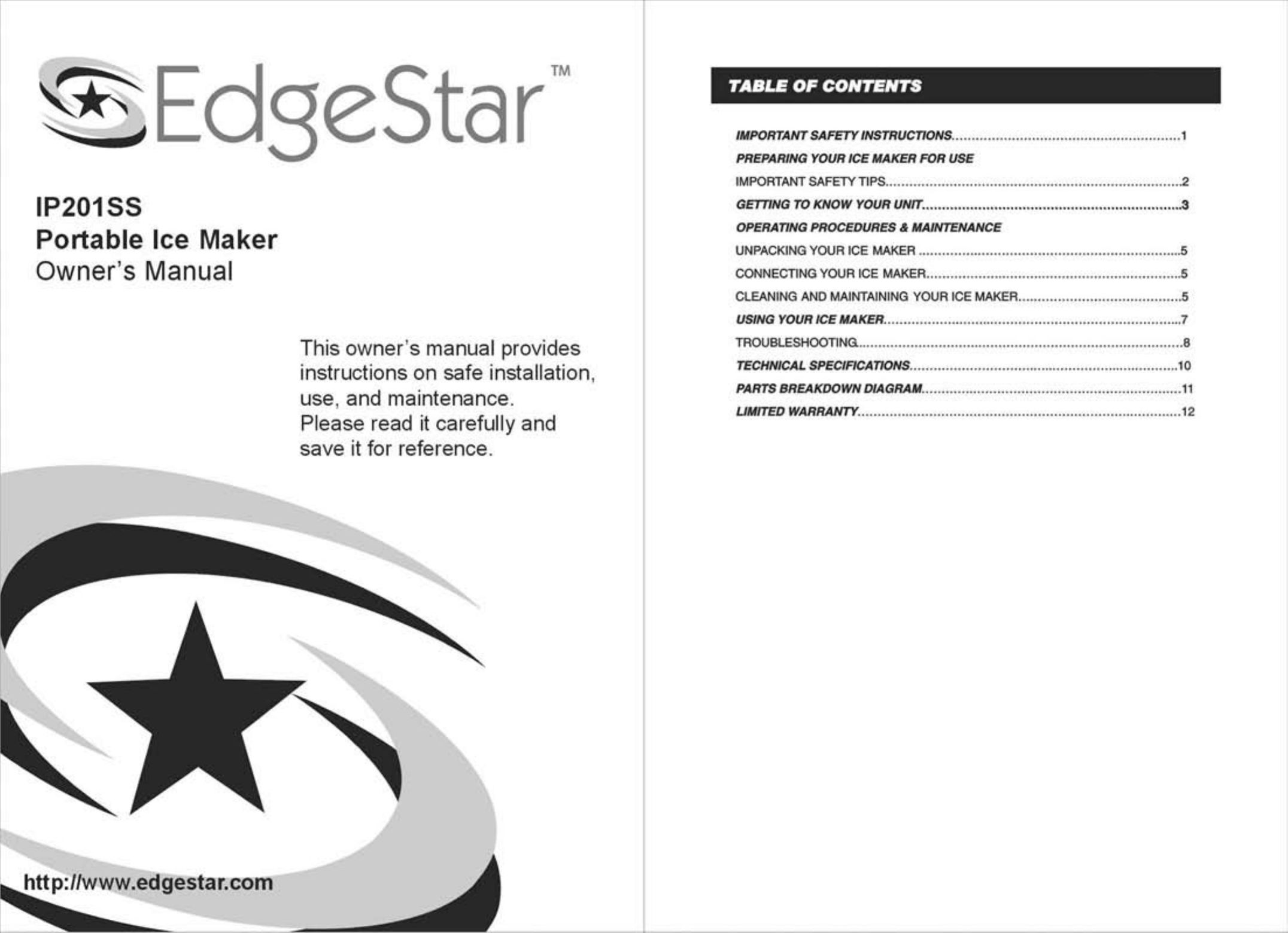 EdgeStar IP201SS Ice Maker User Manual