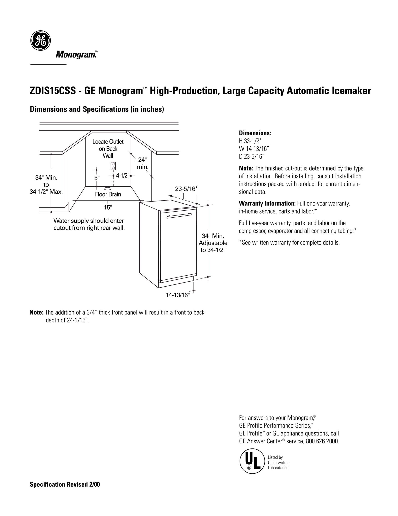 GE Monogram ZDIS15CSS Ice Maker User Manual