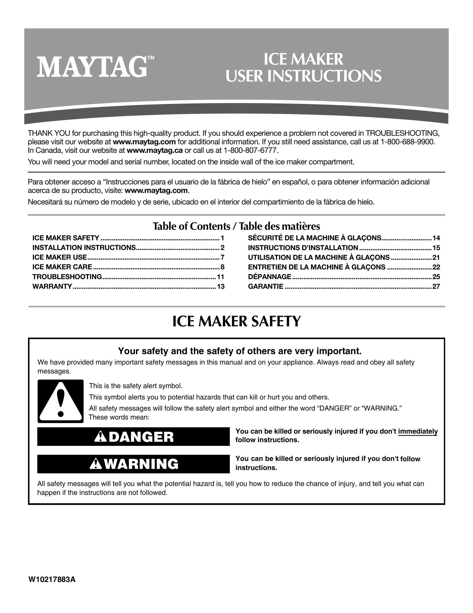 Maytag MIM1554WRS Ice Maker User Manual