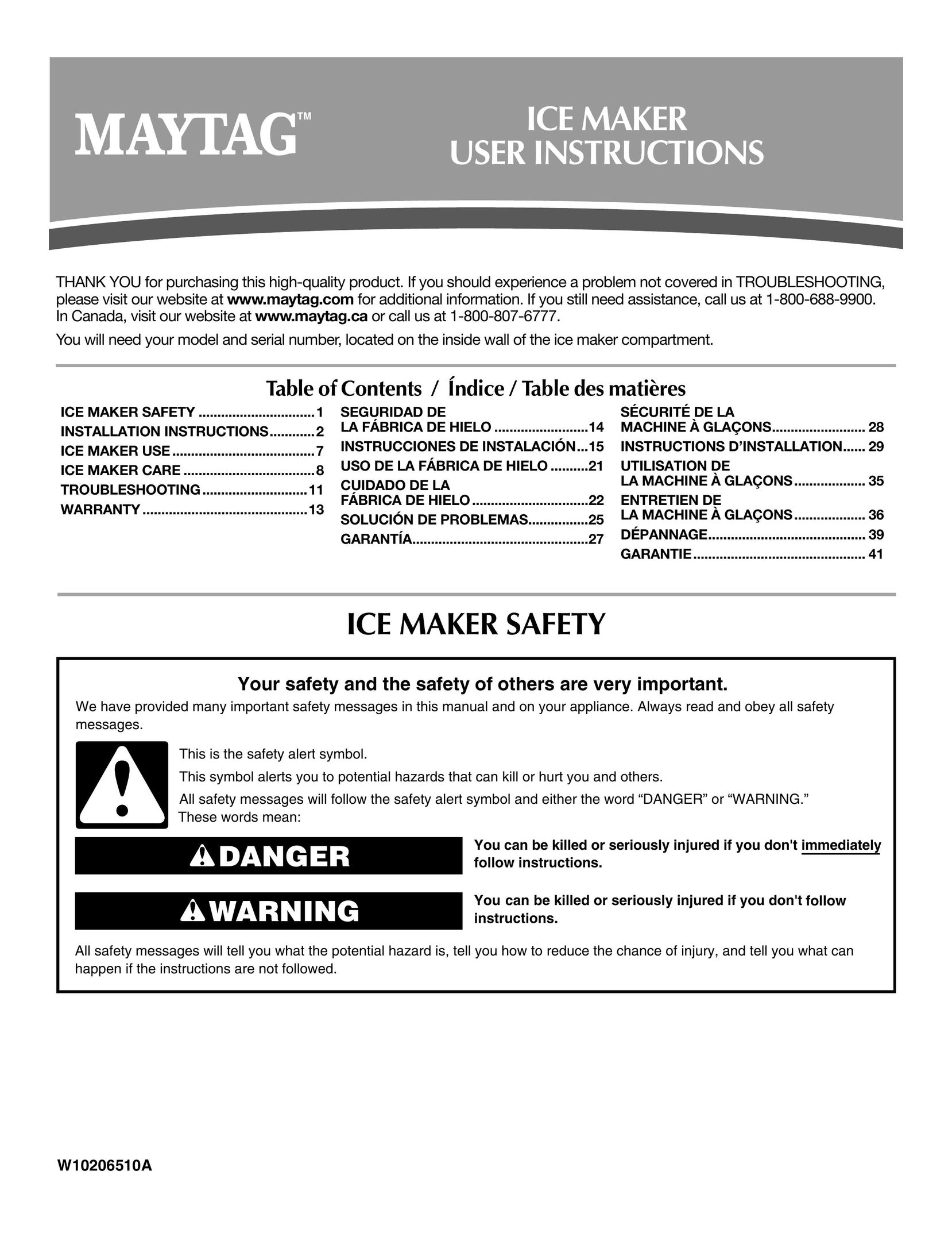 Maytag W10206488A Ice Maker User Manual