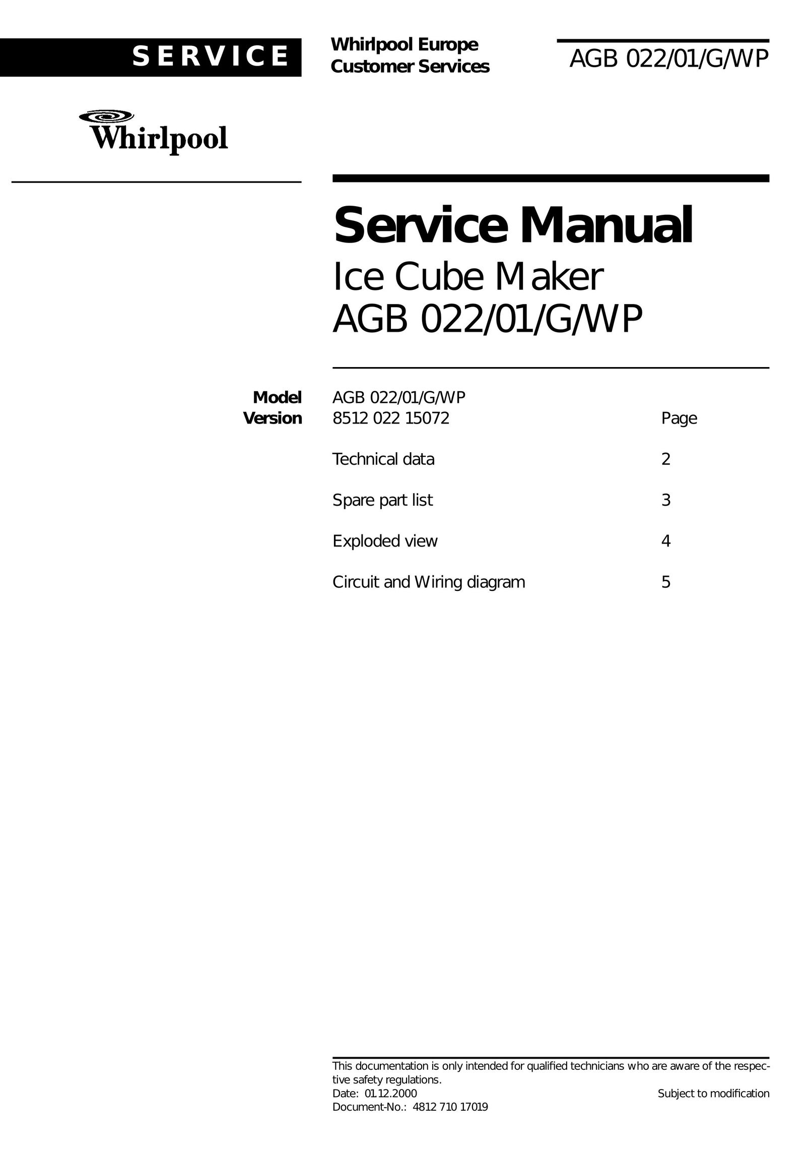 Whirlpool AGB Ice Maker User Manual