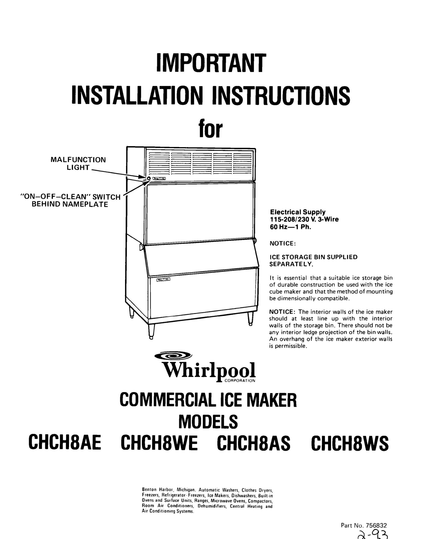 Whirlpool CHCH8WE Ice Maker User Manual