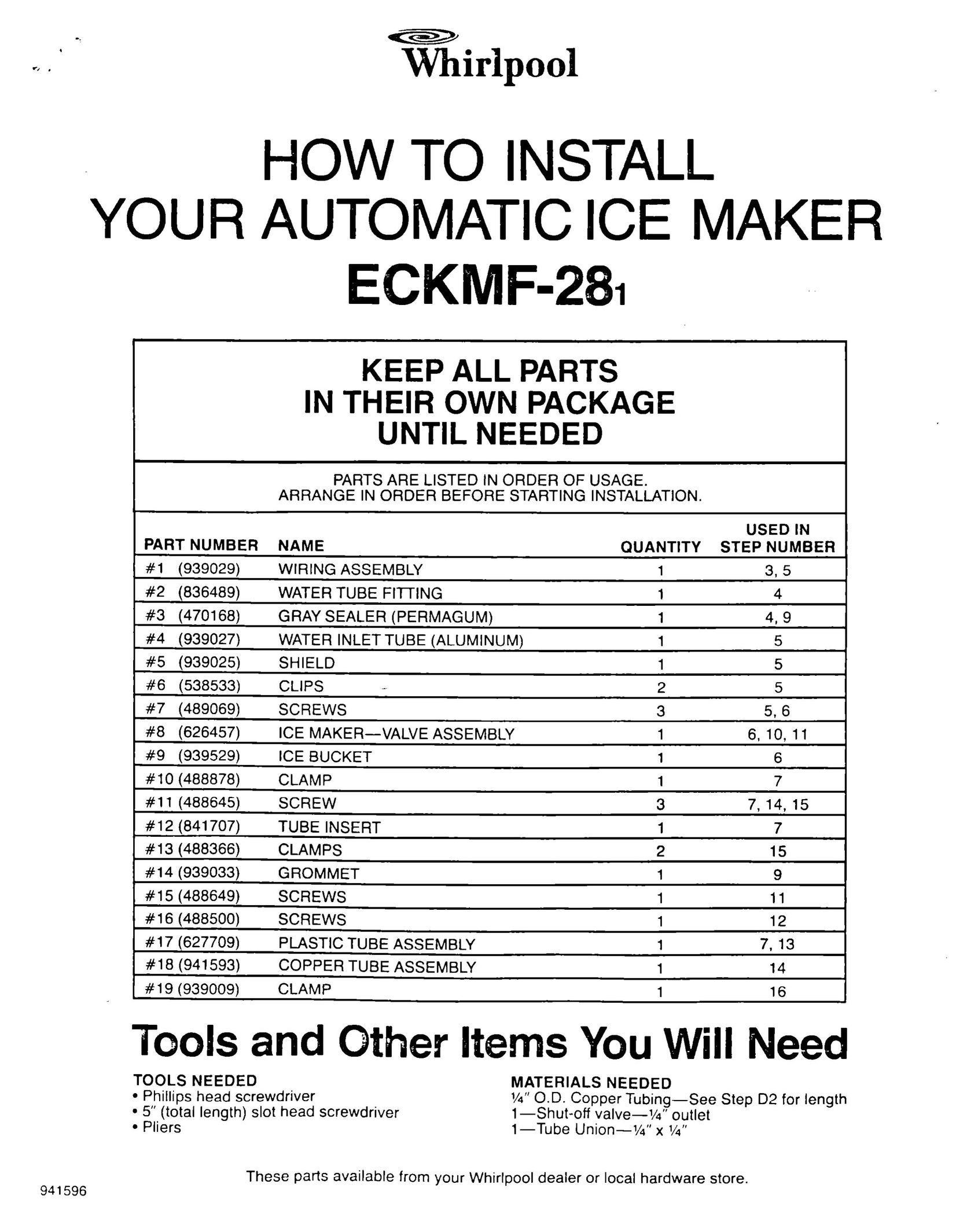 Whirlpool ECKMF-281 Ice Maker User Manual