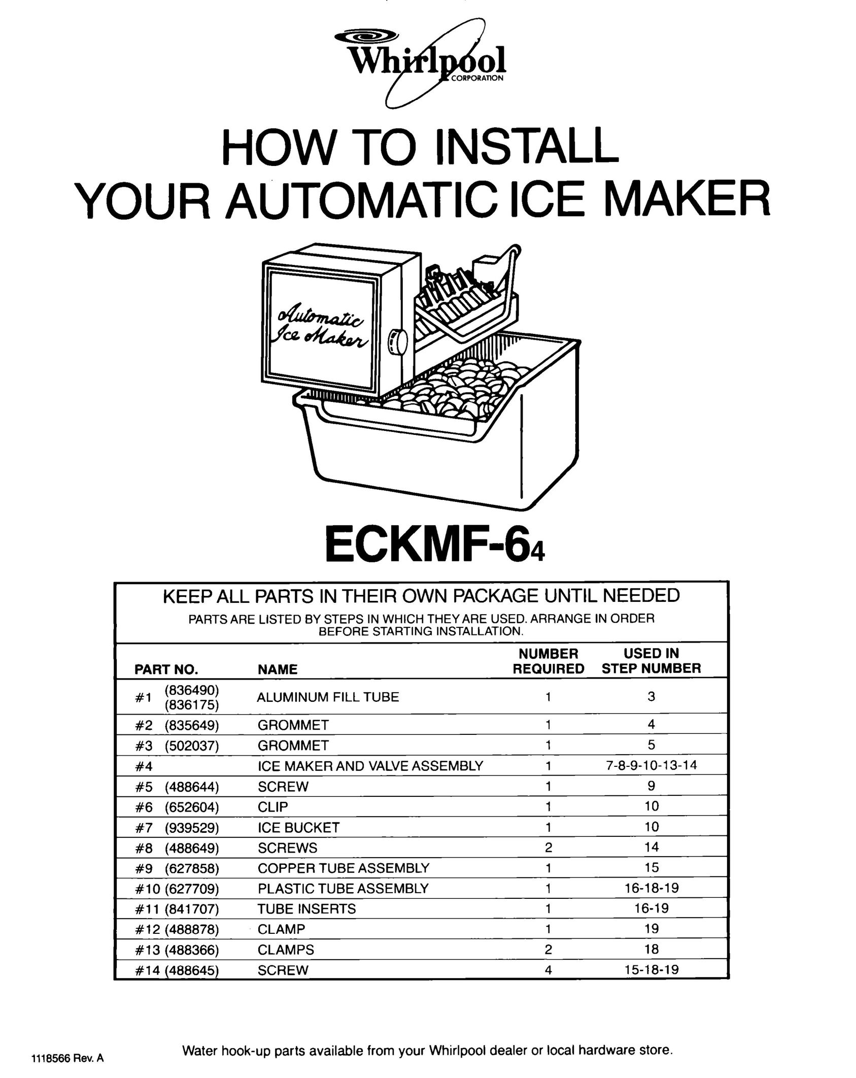 Whirlpool ECKMF-64 Ice Maker User Manual