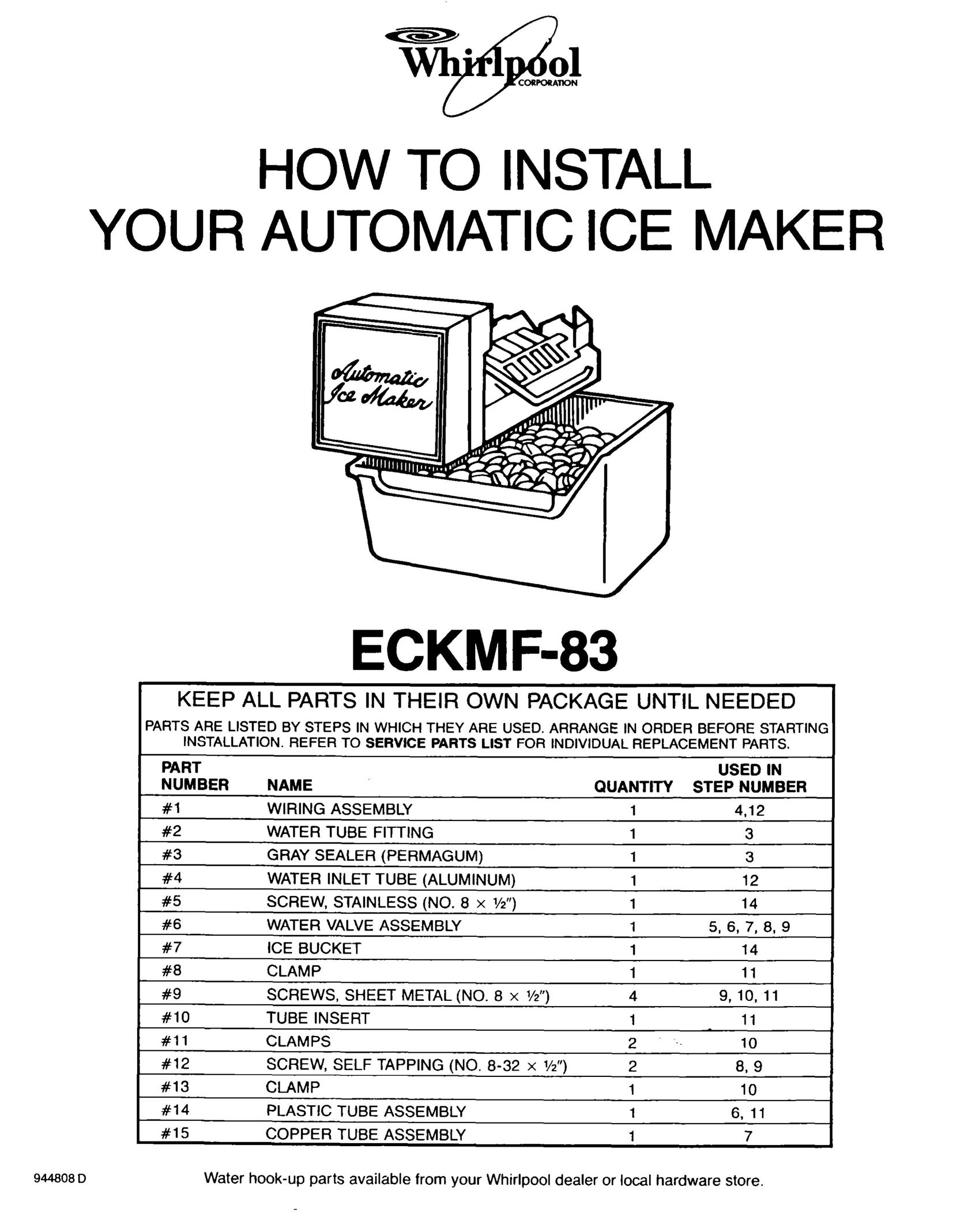 Whirlpool ECKMF-83 Ice Maker User Manual