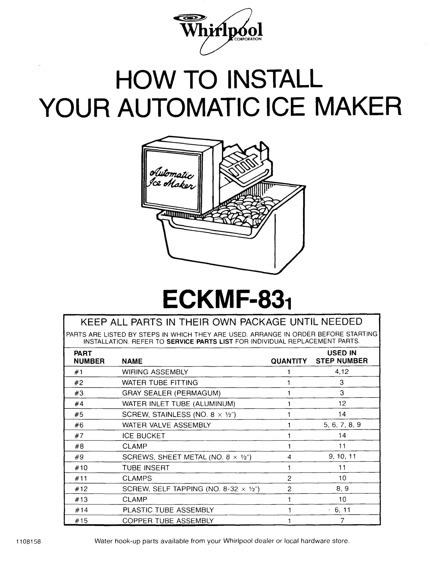 Whirlpool ECKMF-831 Ice Maker User Manual
