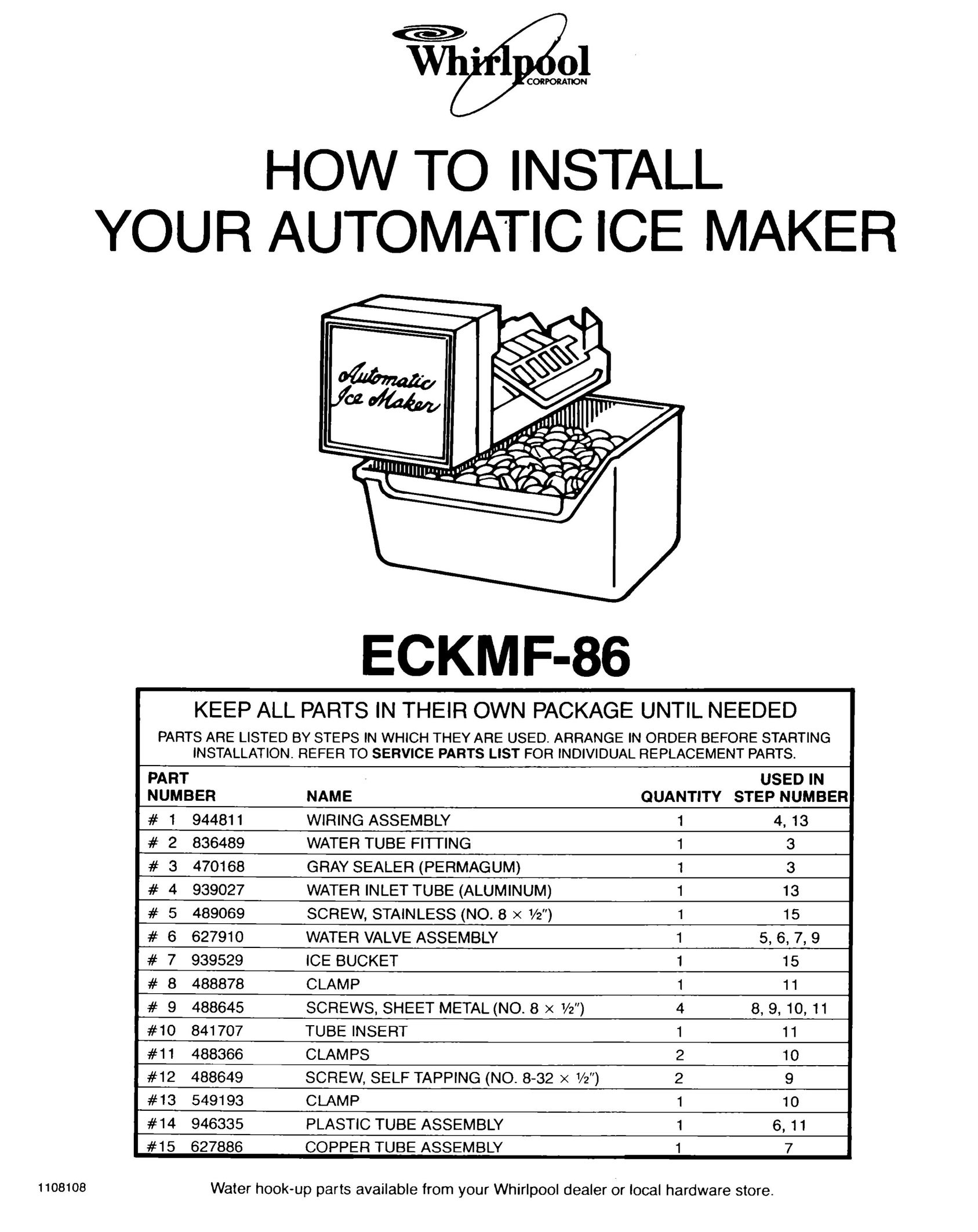 Whirlpool ECKMF-86 Ice Maker User Manual