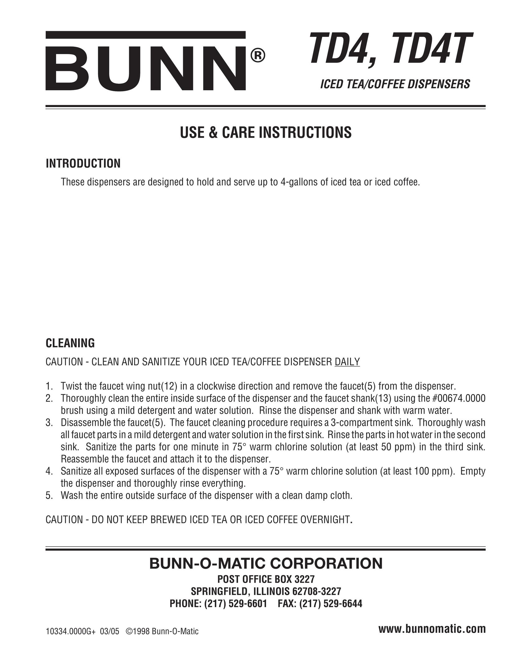 Bunn TD4 Ice Tea Maker User Manual