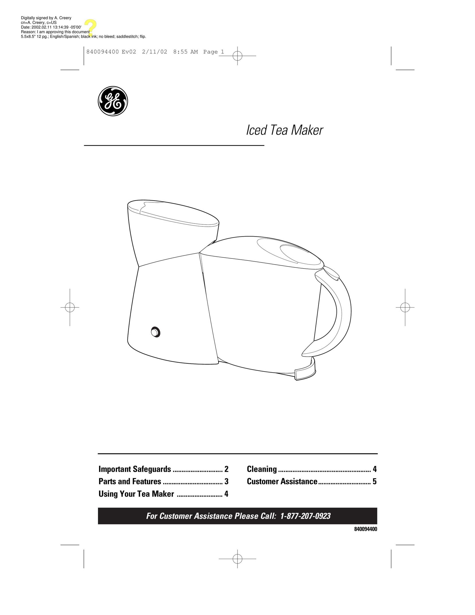 GE 106824 Ice Tea Maker User Manual