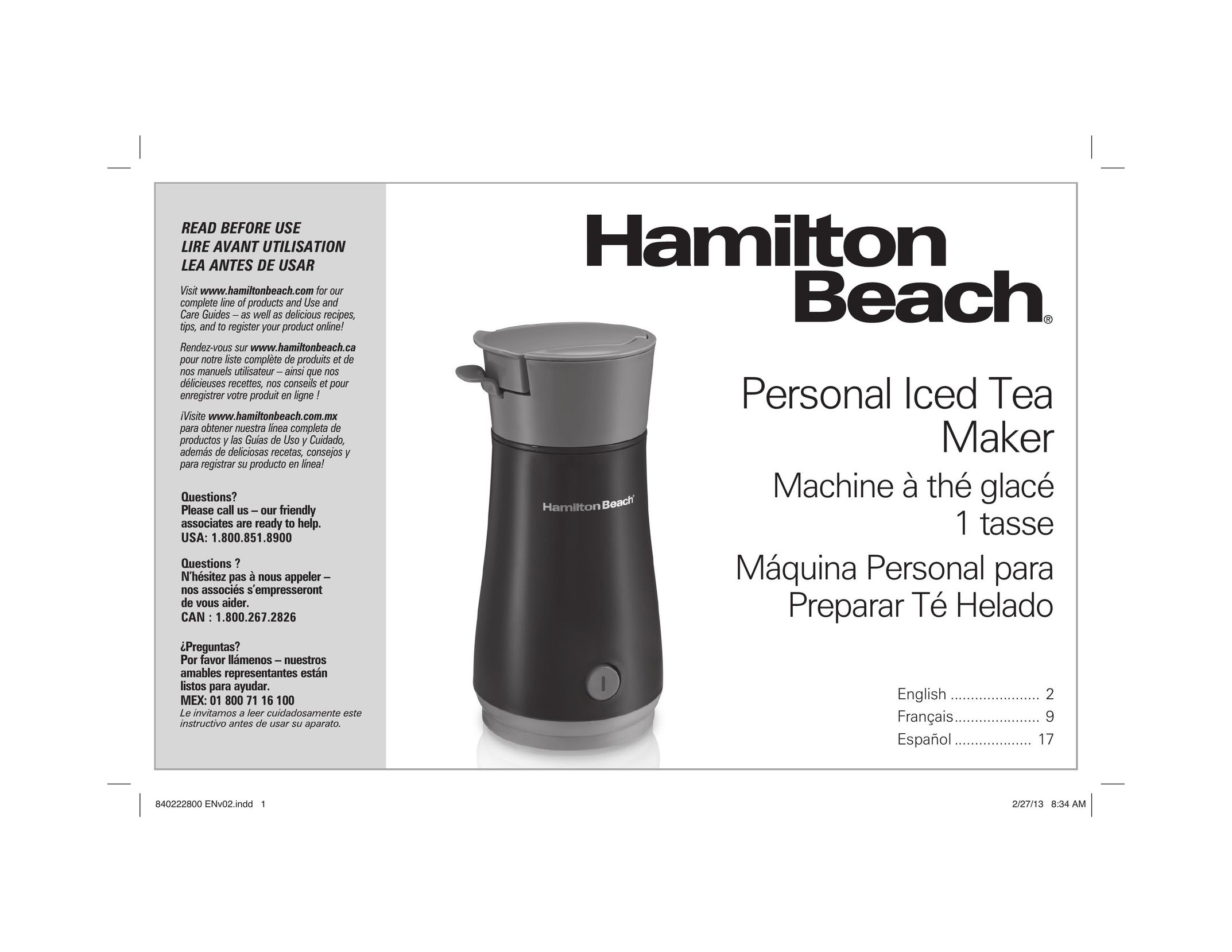 Hamilton Beach 40916 Ice Tea Maker User Manual