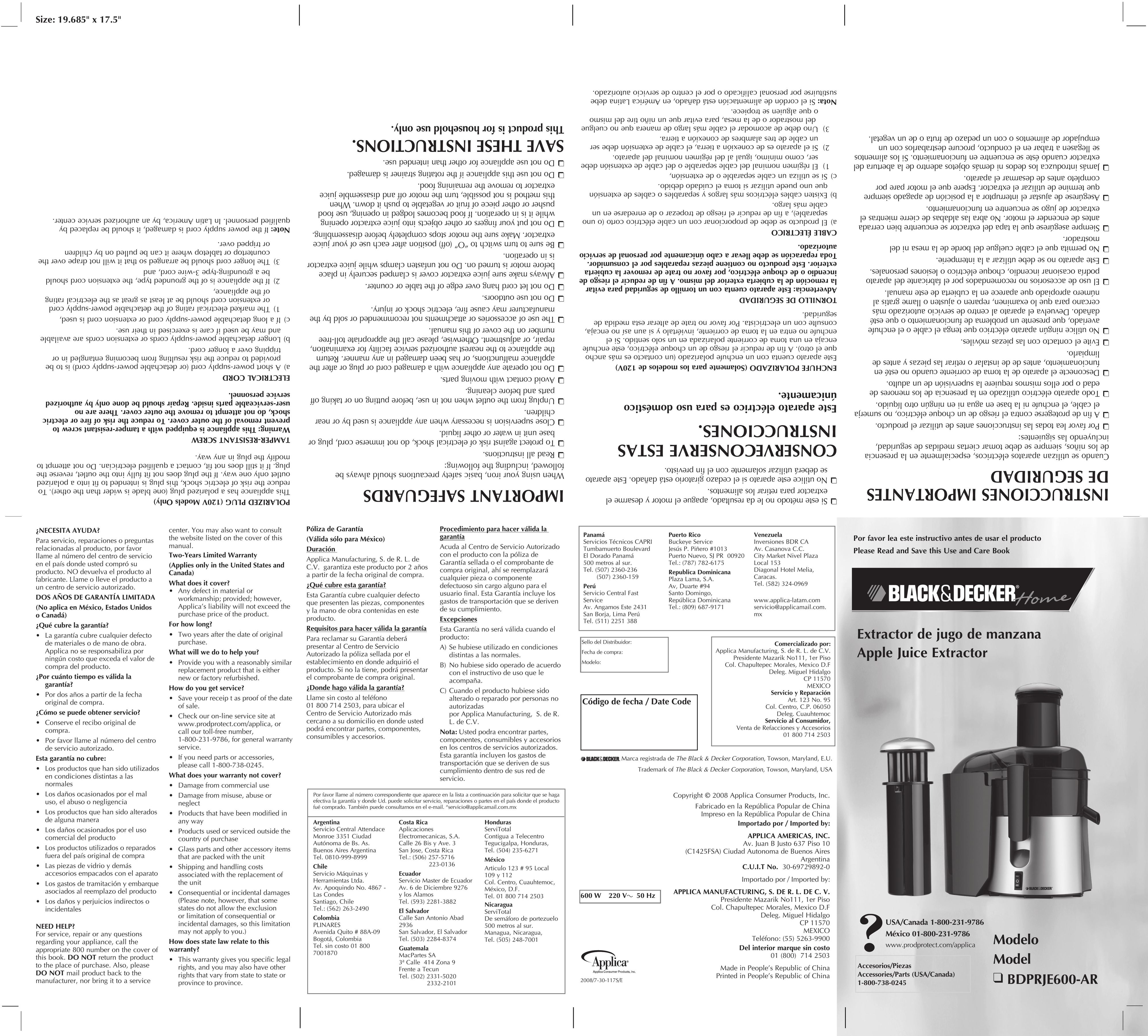 Black & Decker BDPRJE600-AR Juicer User Manual