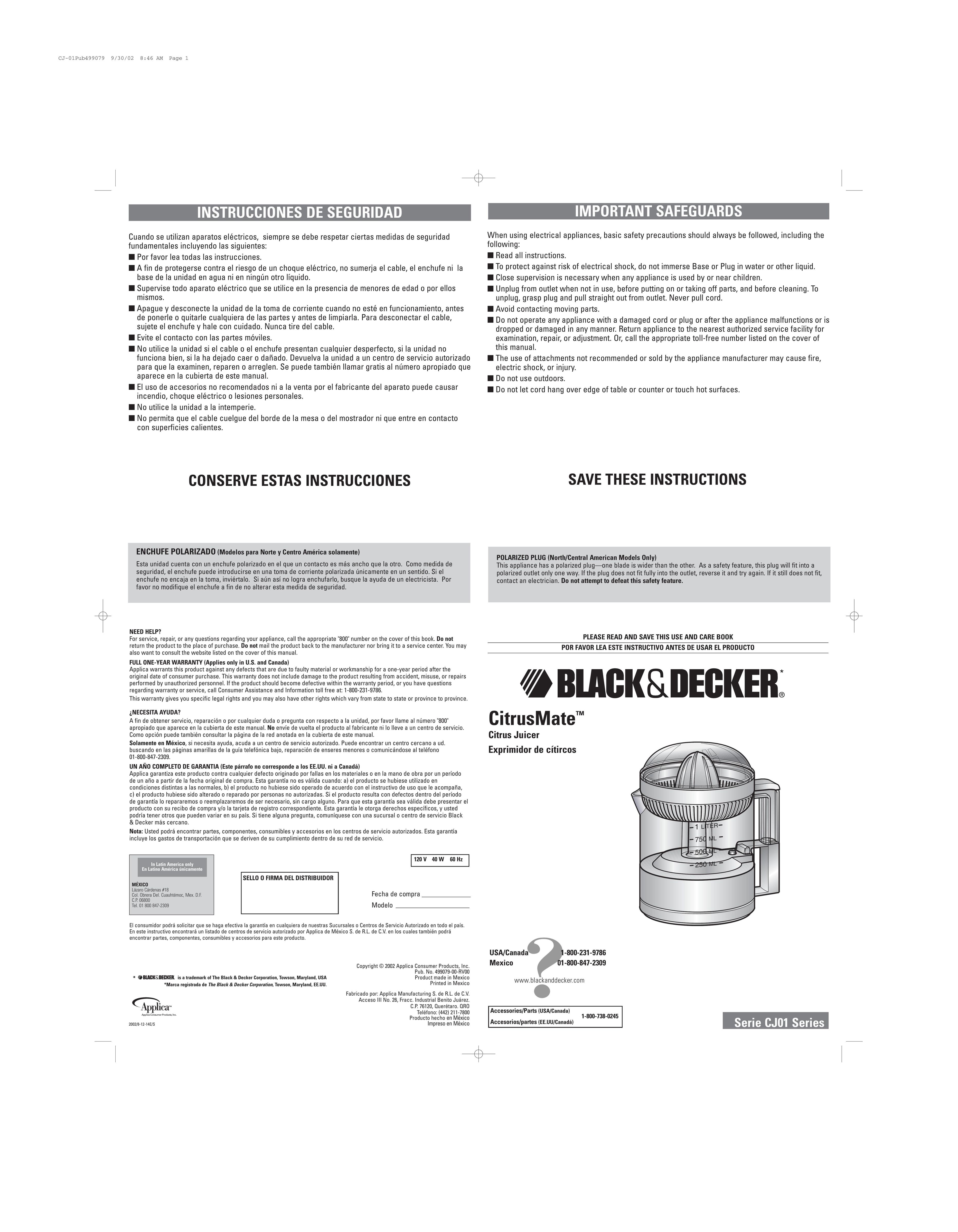 Black & Decker CJ01 Juicer User Manual