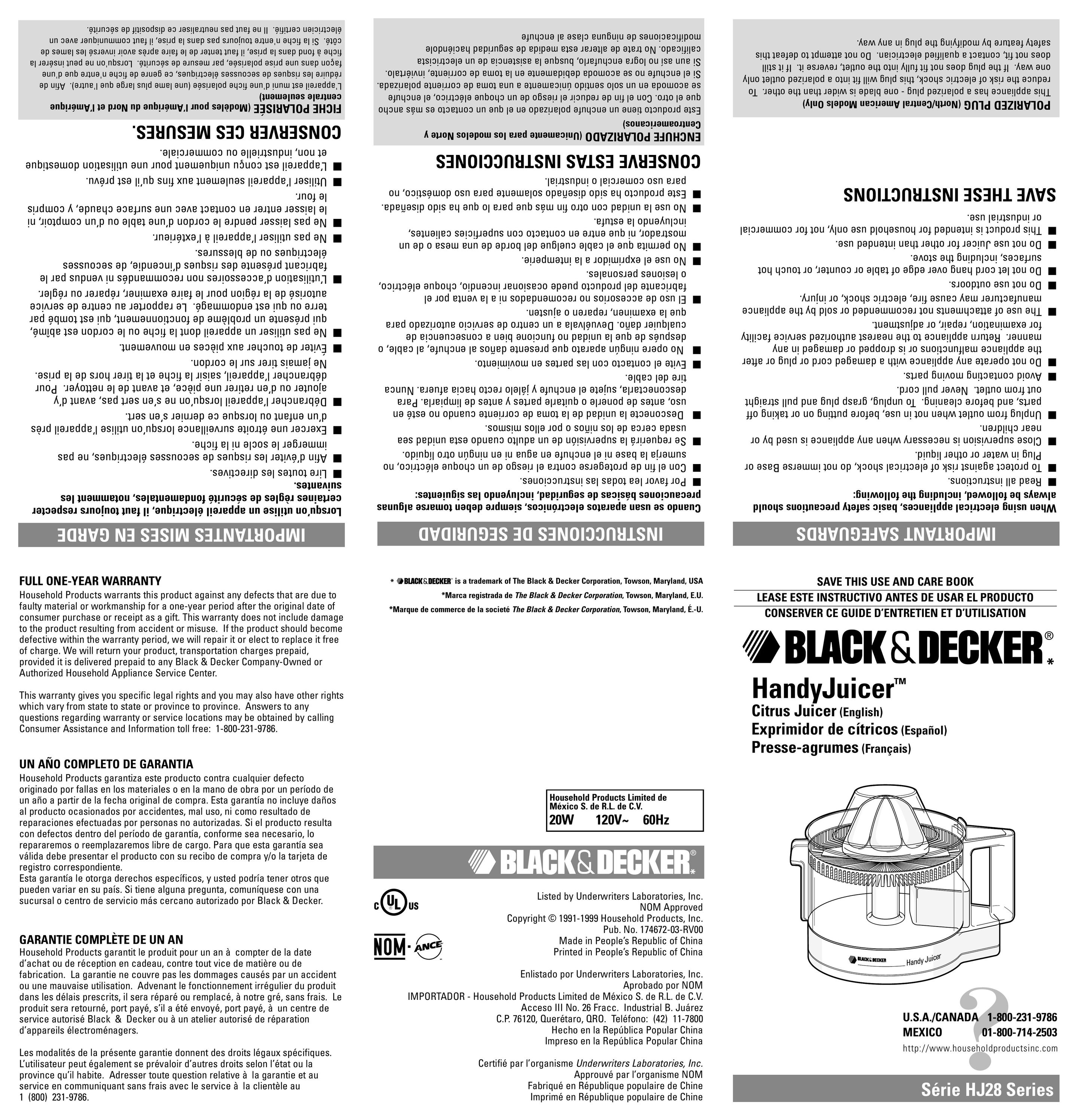 Black & Decker HJ28 Juicer User Manual