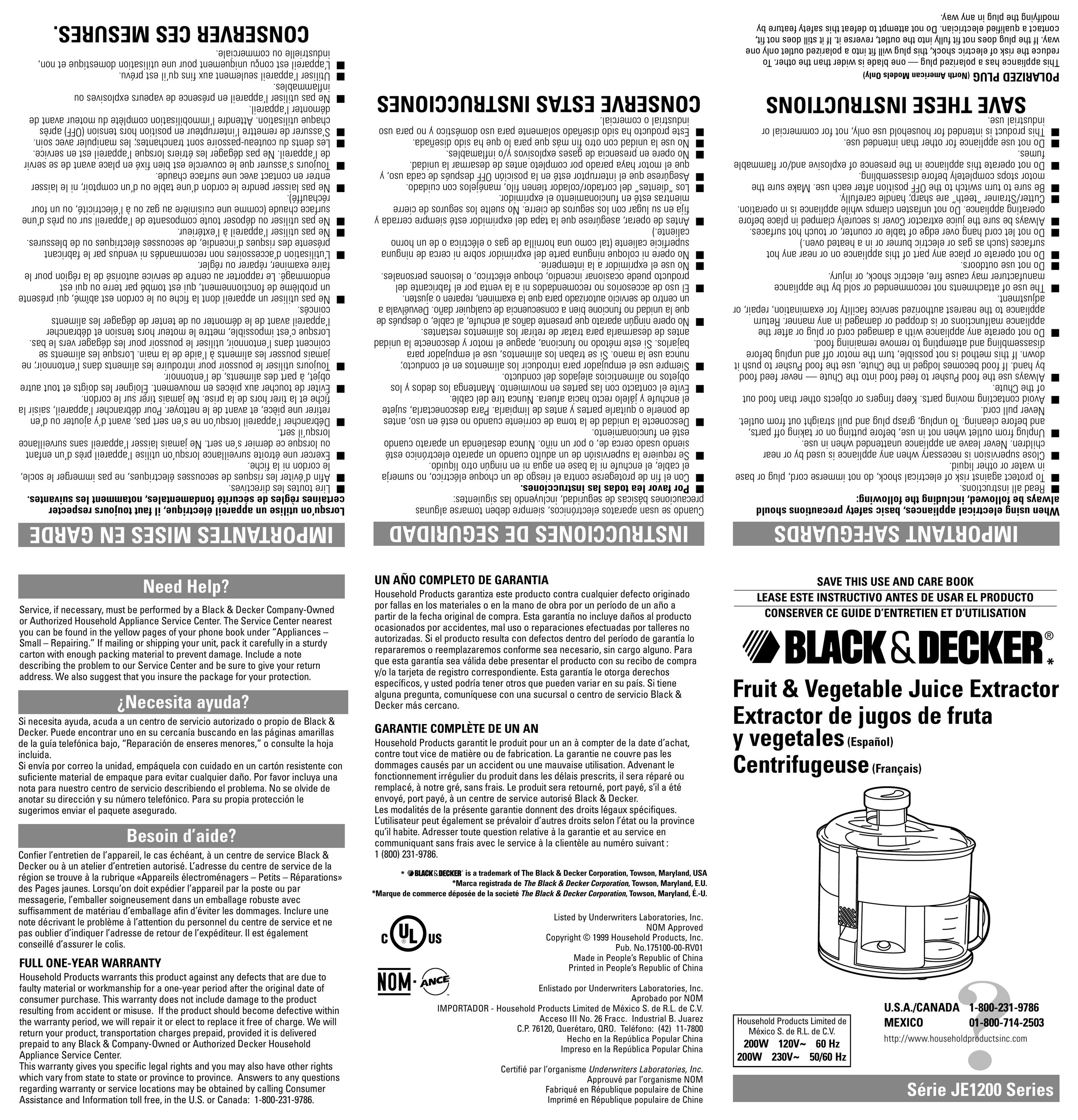 Black & Decker JE1200 Series Juicer User Manual