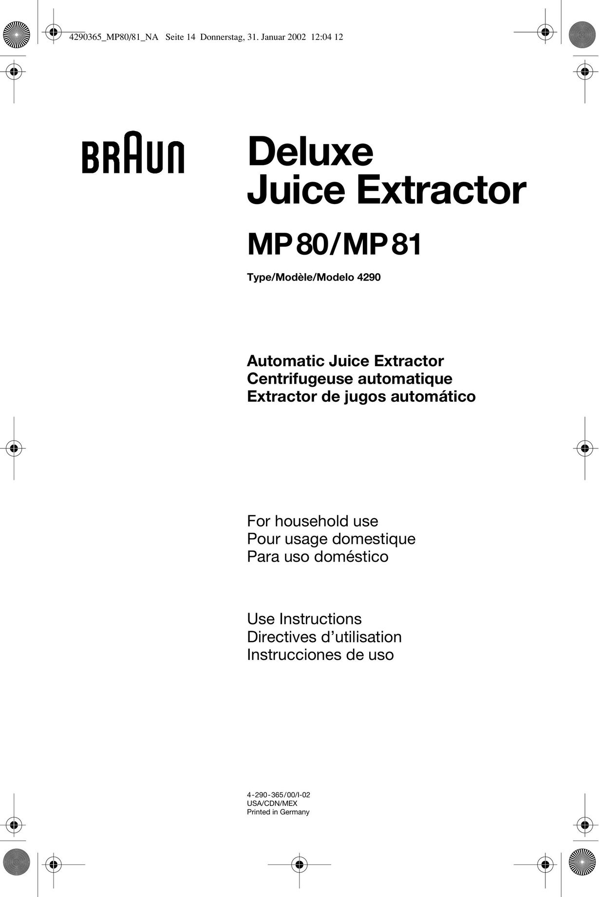 Braun MP80/MP81 Juicer User Manual
