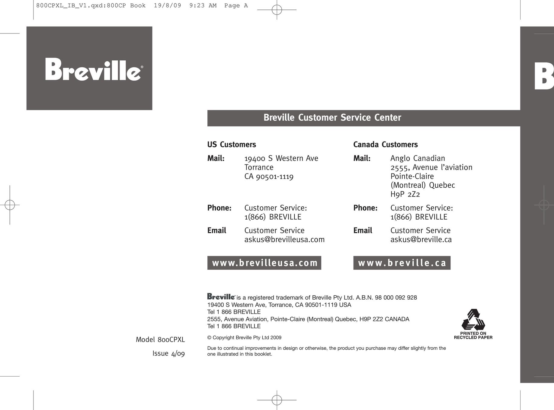 Breville 800CPXL Juicer User Manual