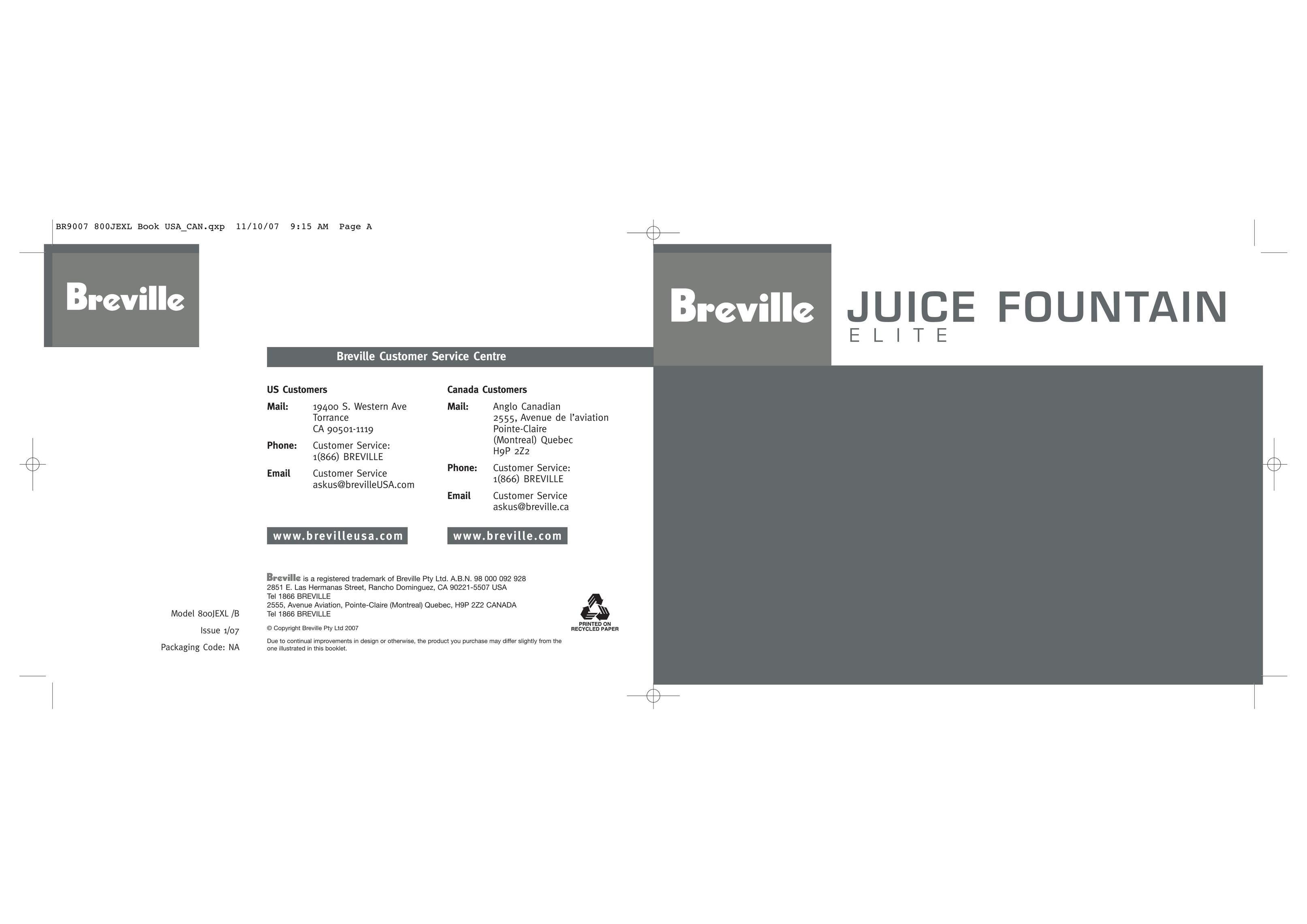 Breville 800JEXL /B Juicer User Manual