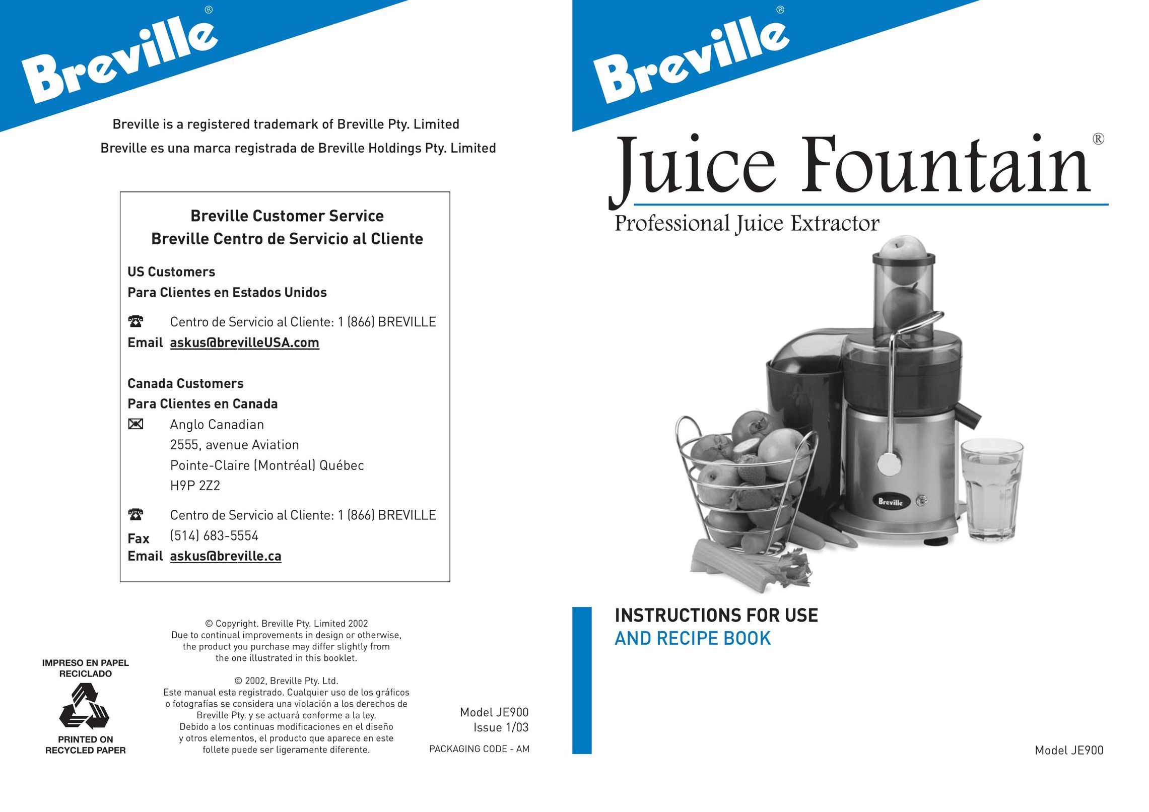 Breville JE900 Juicer User Manual