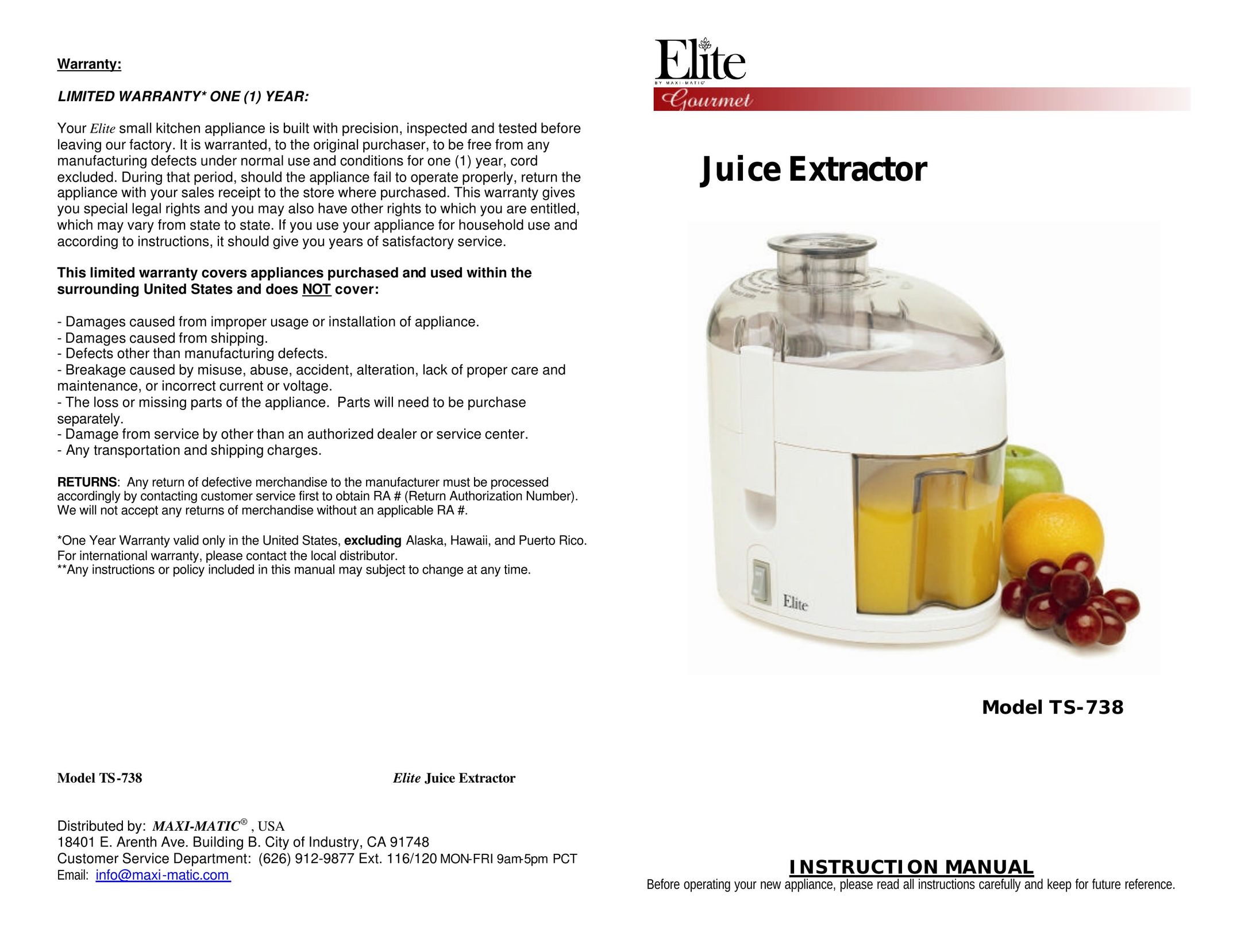 Elite TS-738 Juicer User Manual