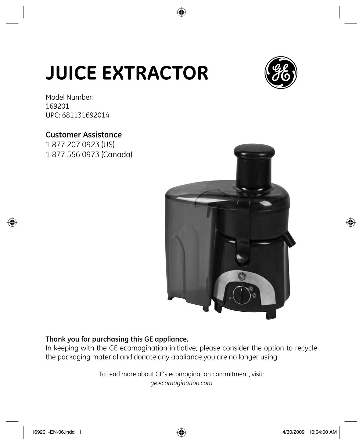 GE 169201 Juicer User Manual