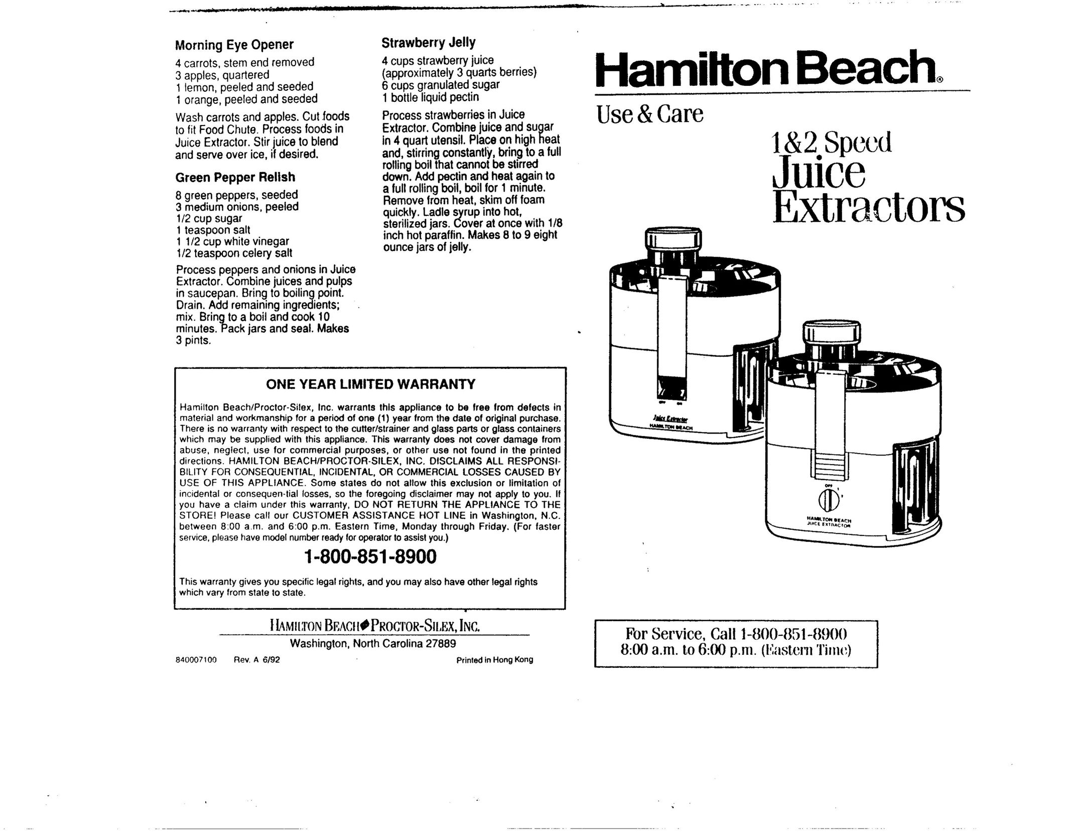Hamilton Beach 395W Juicer User Manual